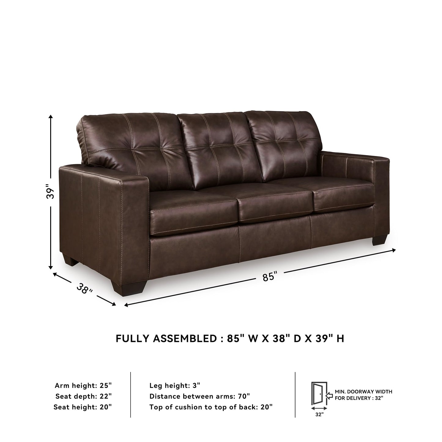 Signature Design by Ashley Santorine Transitional Tufted Leather Match Sofa, Dark Brown