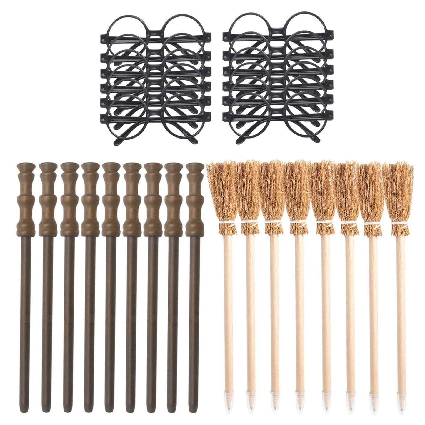 Col-Pary Party Supplies Kit -Black Round Glasses with Round Frame No Lenses, Broom Pencil, Wand Pencil for School Birthday, Halloween,Cosplay Party Decor（Each of 12 pcs ）