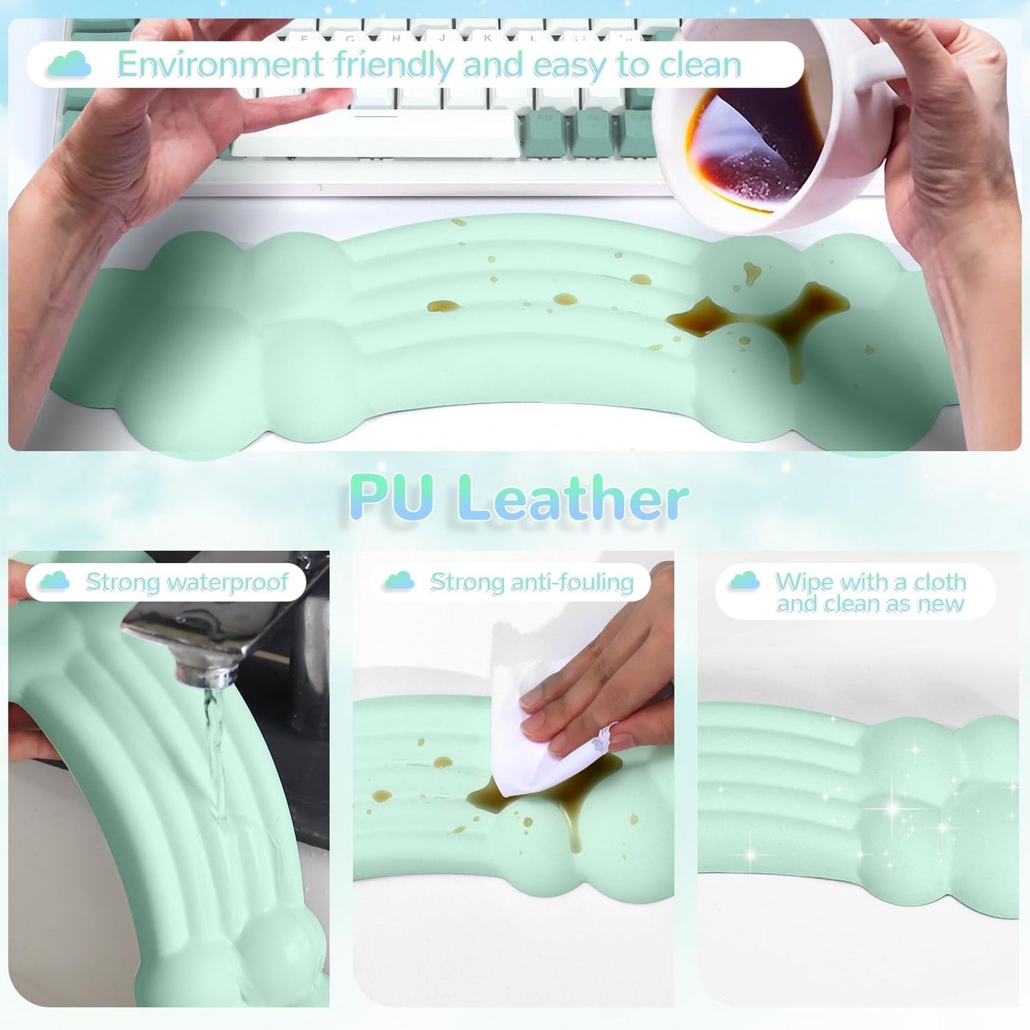 ATTACK SHARK Cloud Wrist Rest Mousepad Set for Gaming Keyboard and Mouse(31.3x11.6in) XXL Large Desk Mat Gel Wrist Support,PU Soft Memory Foam,Pain Relief,Non Slip Office Supplies for PC/Laptop-Green