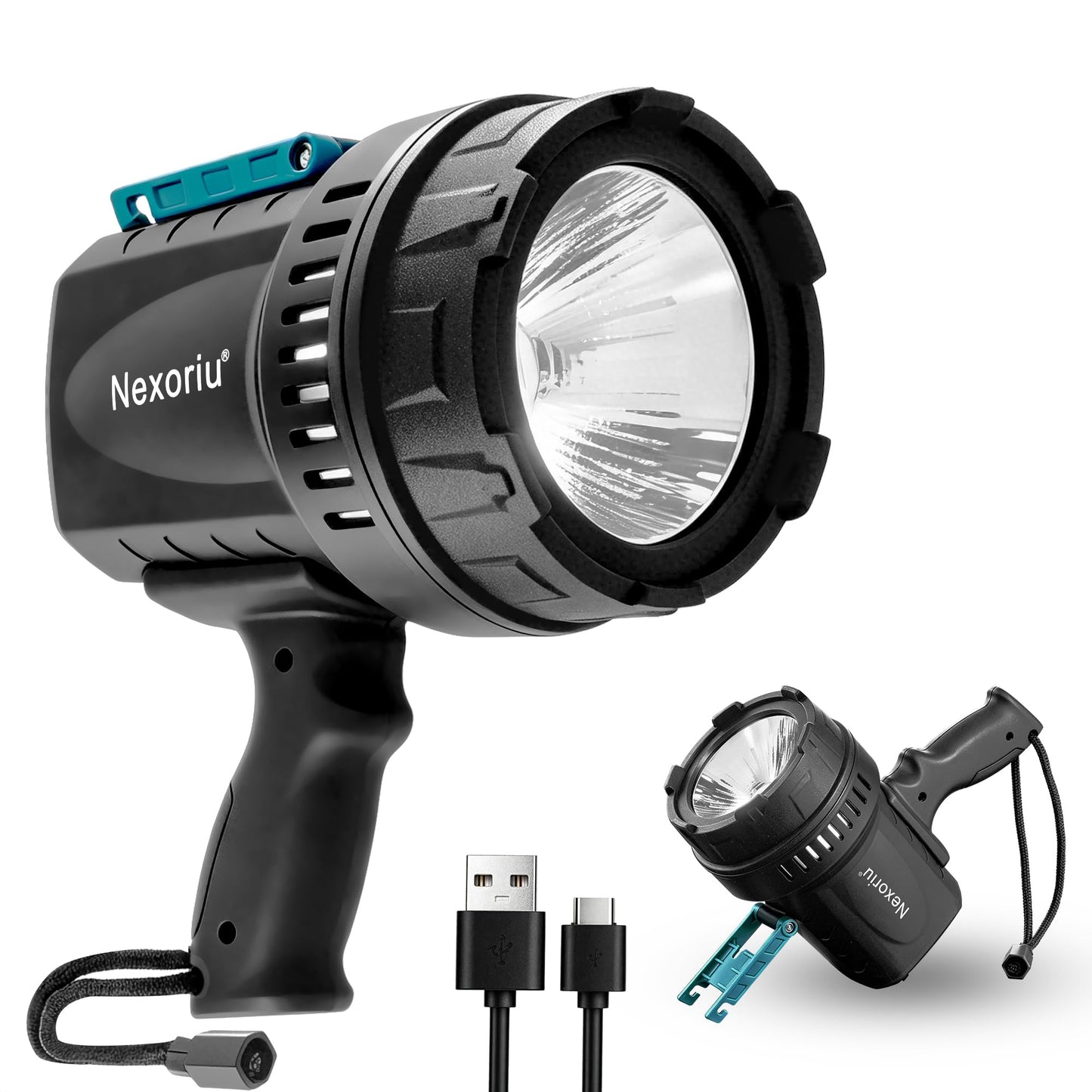Nexoriu LED Spotlight 10000LM Super Bright, 14.8V 4500mAh Rechargeable Battery, 1500m Long Range Handheld Search Light, IP65 Waterproof with 3 Modes & SOS for Camping, Hunting & Emergency Repair