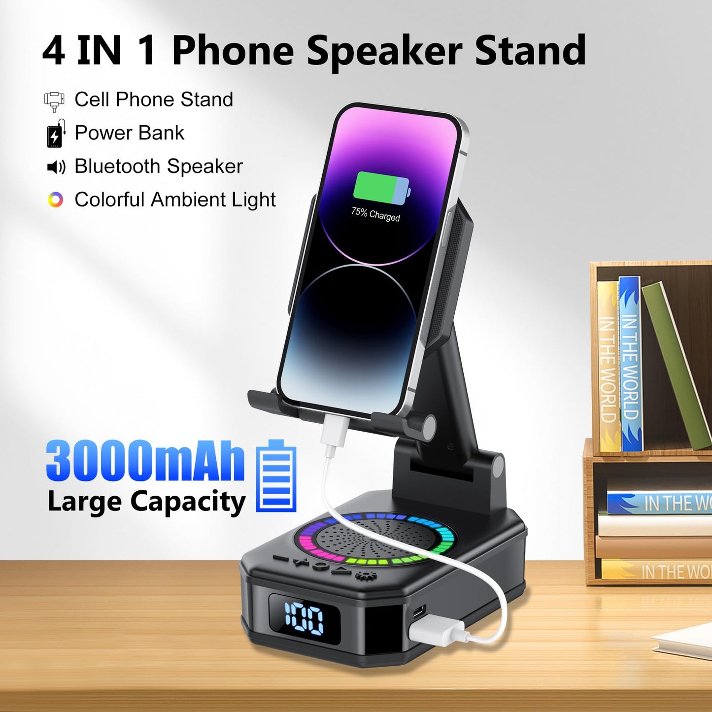buwy Gifts for Men Women, Cell Phone Stand with Wireless Bluetooth Speaker, Colorful LED Lights, Anti-Slip Base HD Surround Sound, Rechargeable (3000mAh), for Teens, Men, Women for Christmas