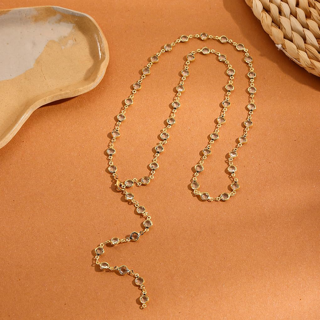 Long Lariat Necklace for Women Dainty 14K Gold Pearl Pendant Necklaces Adjustable Cubic Zirconia Y Necklace Jewelry Gifts