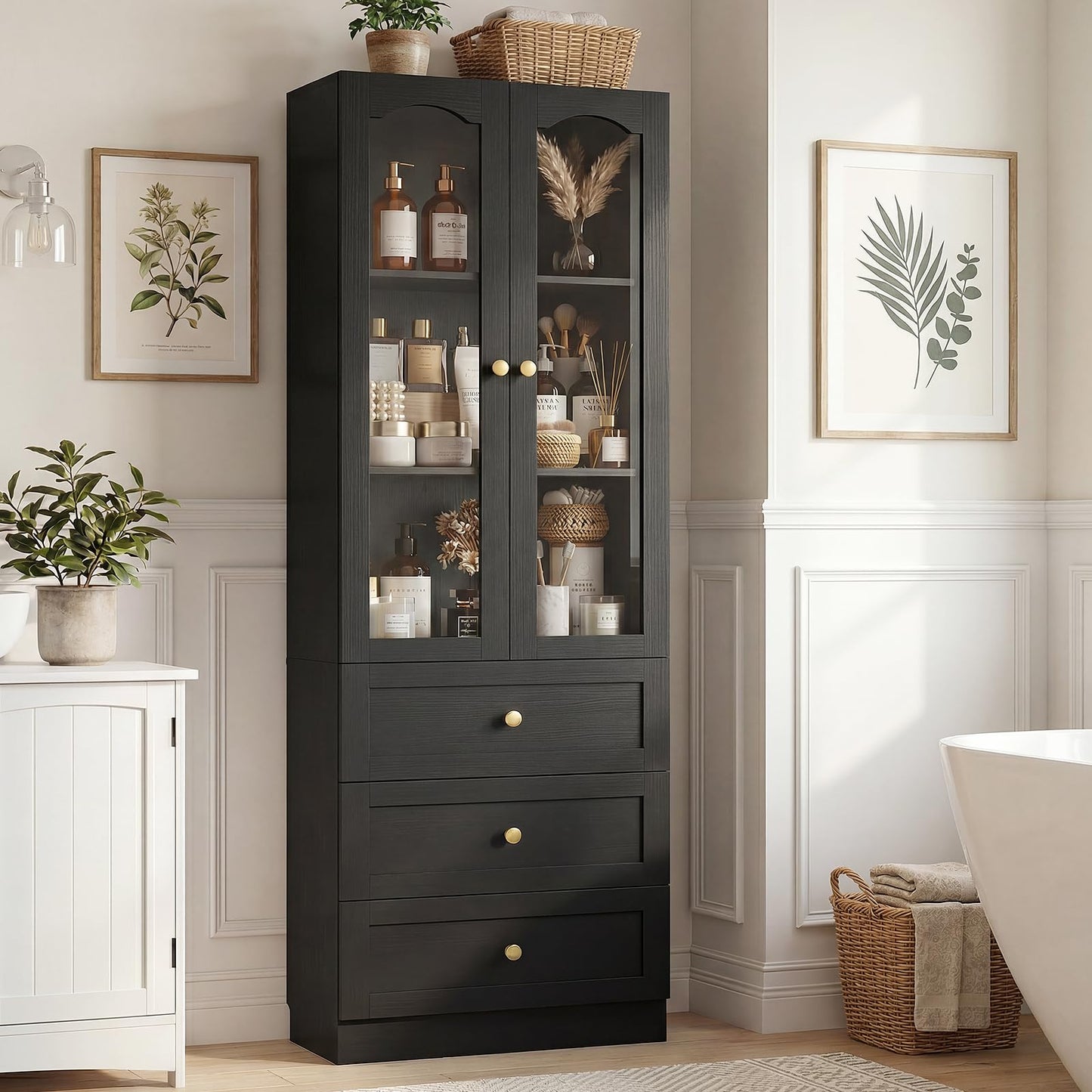 Cyclysio 80" Tall Pantry Cabinet for Kitchen Storage, 2 Set Black Pantry Cabinet with Glass Doors & 3 Drawers - Freestanding Storage Bookcase with Built-in Baseboard Notch for Dining, Living Room