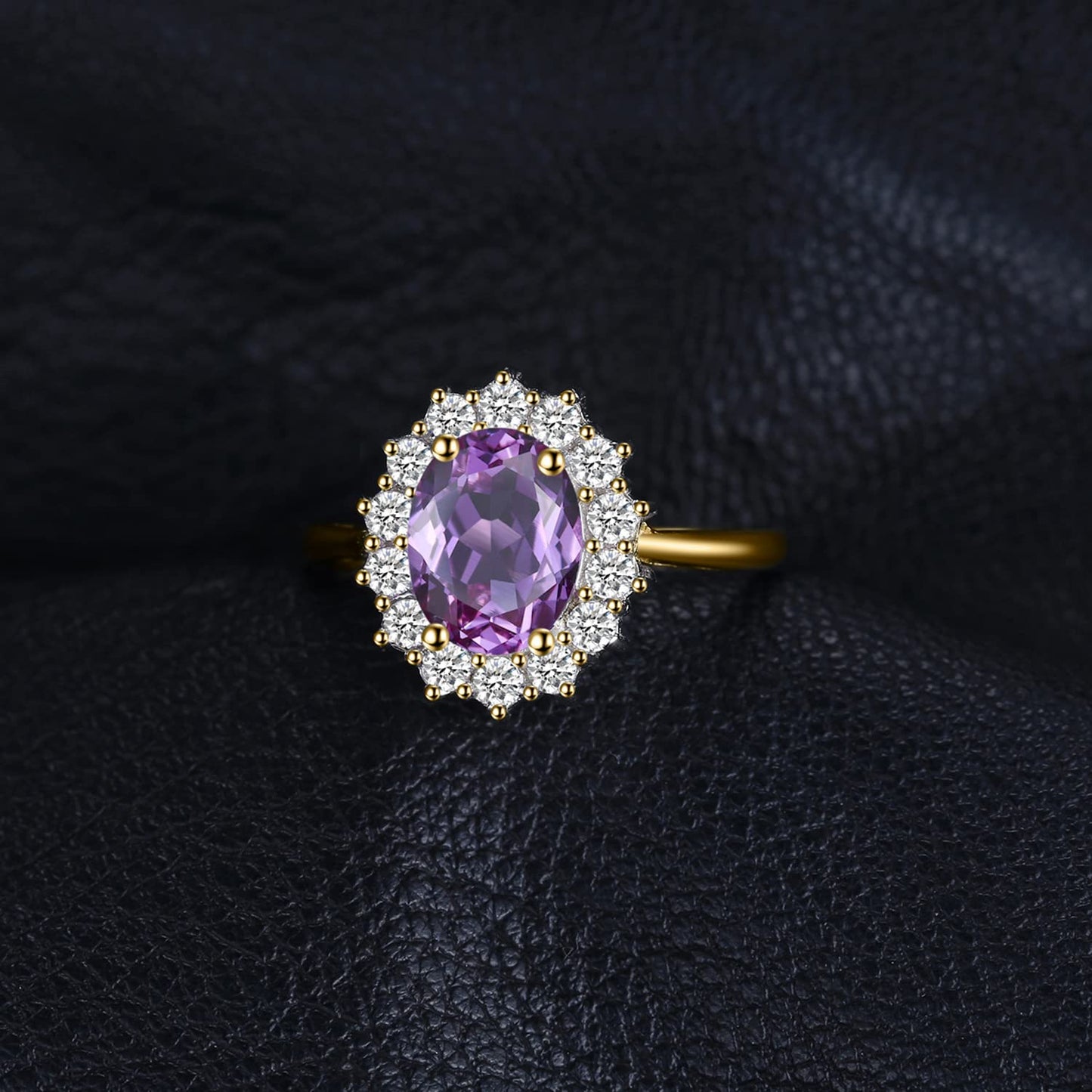JewelryPalace Princess Diana Kate Middleton Gemstone Birthstone Purple Amethyst Halo Statement Engagement Rings for Women, 14K Yellow Gold Plated 925 Sterling Silver Promise Rings for Her Size 10.5