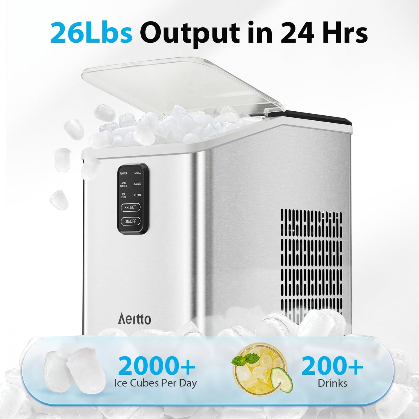 Aeitto Ice Maker Countertop 26lbs/24H, Ice Machine 8 Ice Cubes Ready in 6 Mins, Auto Self-Cleaning for Home/Kitchen/Office Stainles with Basket & Scoop, s2 Sizes of Bullet Ice Portable Ice Makers