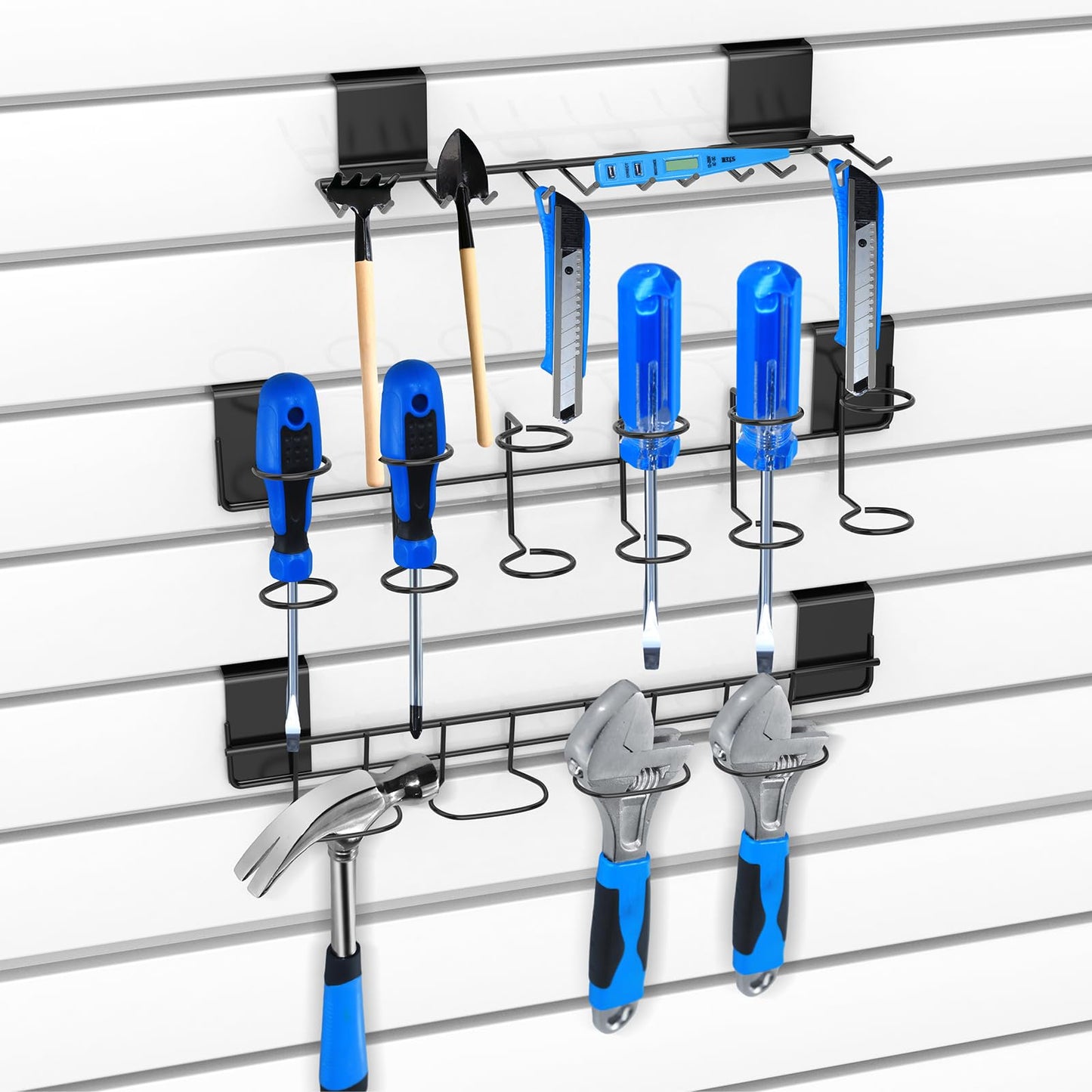 BeapTcely 6 Pcs Slatwall Screwdriver Holders Slatwall Plier Holders Stainless Steel Slat Wall Tool Utility Hooks Accessories Shelving Display Multi-Ring Tool Organizer Racks for Shop Store (6, Black)