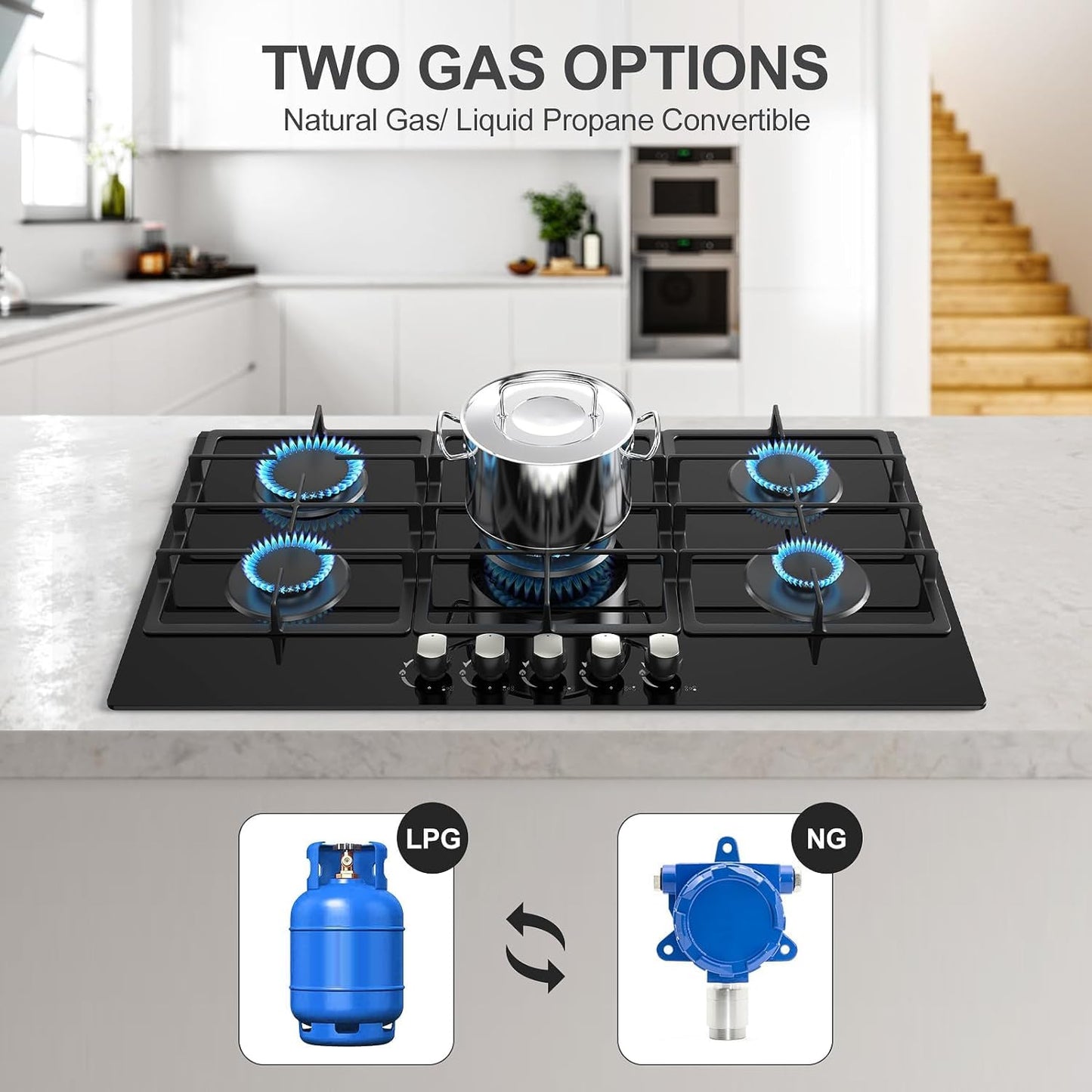 Nafewin 36 Inch Gas Cooktop Propane Stove, 5 Burner Built-in Gas Stove Top with Tempered Glass Panel, NG/LPG Dual Fuel Auto Ignition Propane Cooktop with Thermocouple Protection