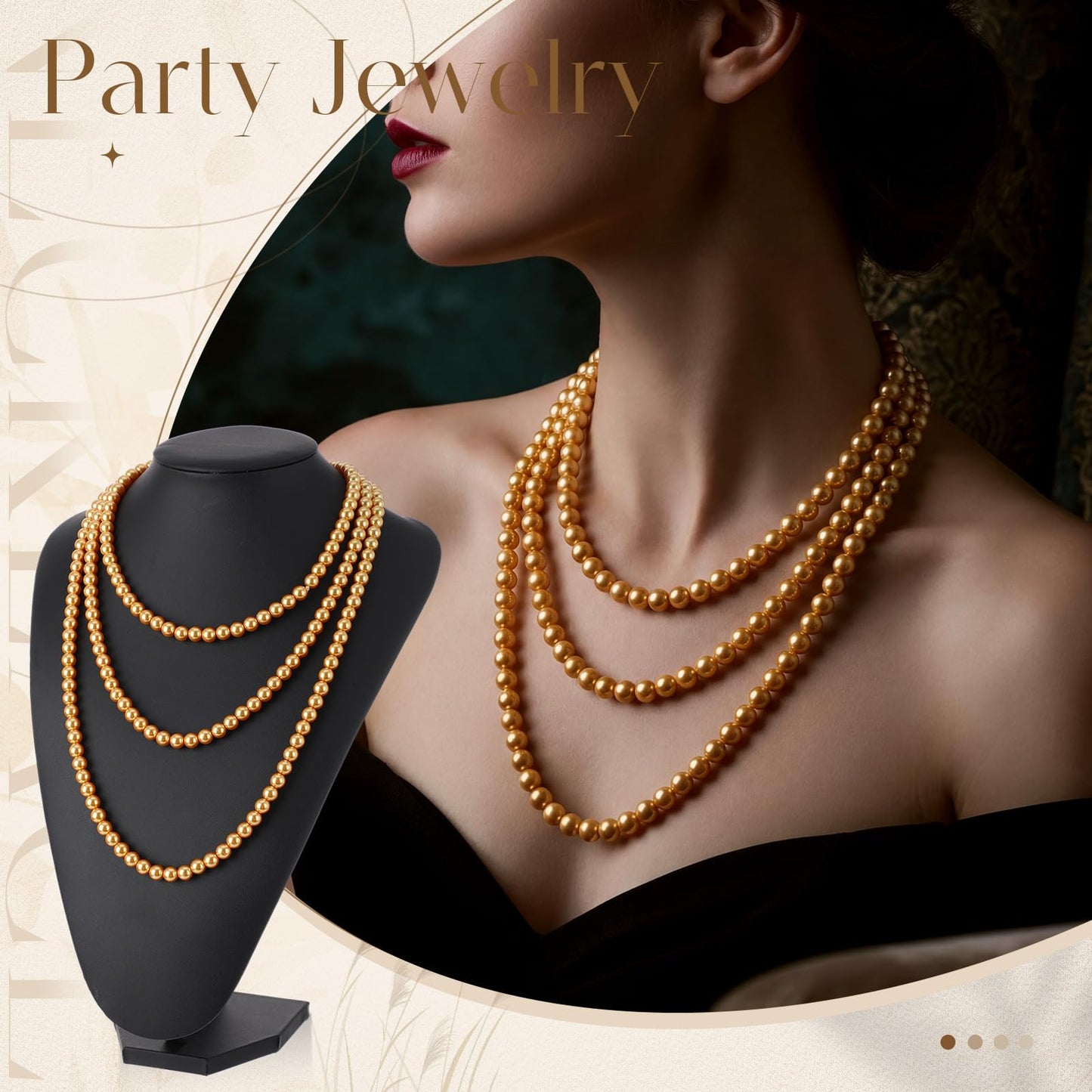 Aurelema 2 Pack Long Pearl Necklace for Women 1920s Costume Party Jewelry Faux Pearls Strand Beads for Ladies(70 Inches,8 mm,Glass,Gold)