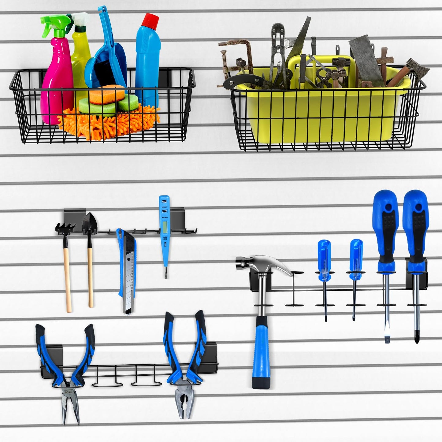 BeapTcely 6 Pcs Slatwall Screwdriver Holders Slatwall Plier Holders Stainless Steel Slat Wall Tool Utility Hooks Accessories Shelving Display Multi-Ring Tool Organizer Racks for Shop Store (6, Black)