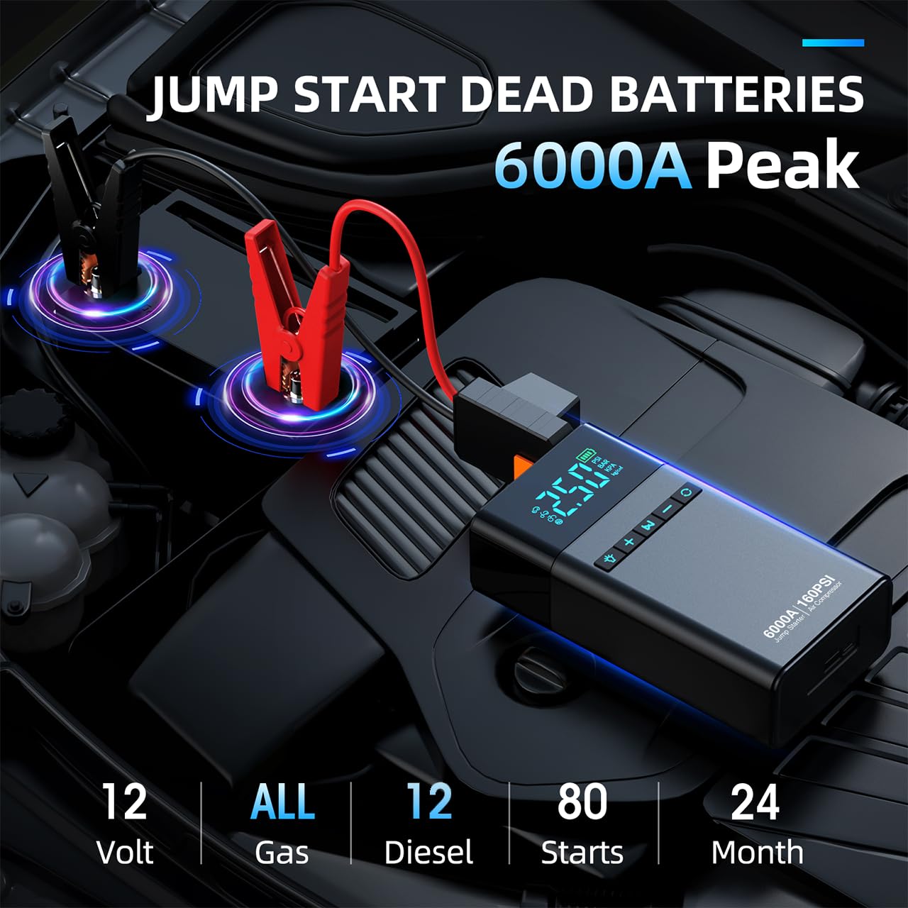 CZKBG 10-in-1 Portable Car Battery Jump Starter with Air Compressor, 6000A 160PSI Portable Car Jumper Starter (All Gas 12L Diesel), 12V Jump Box Car Battery Jump Starter with Jumper Cables, Lights