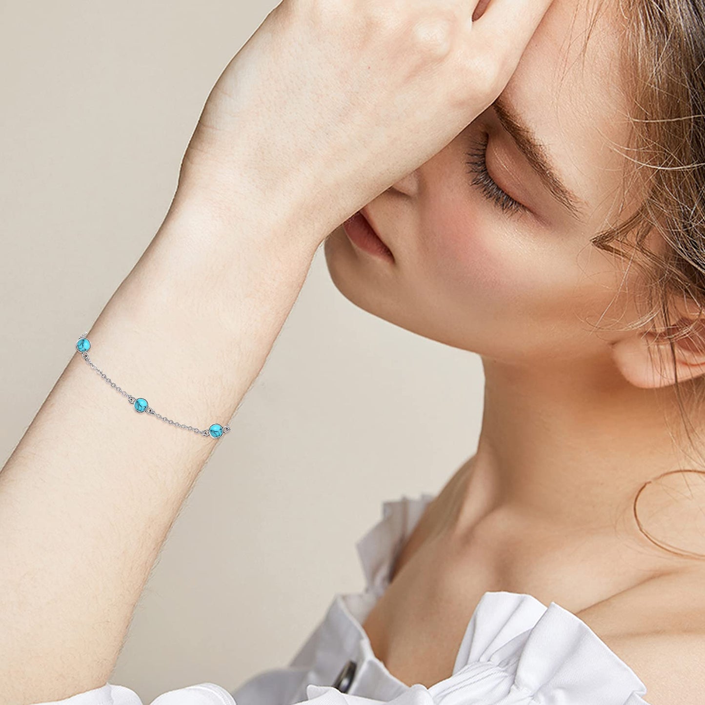 AOVEAO Turquoise Bracelet Blue Gem Stone Bracelet S925 Sterling Silver Round Turquoise Bracelets Jewelry for women 6mm (6mm turquoise bracelet)