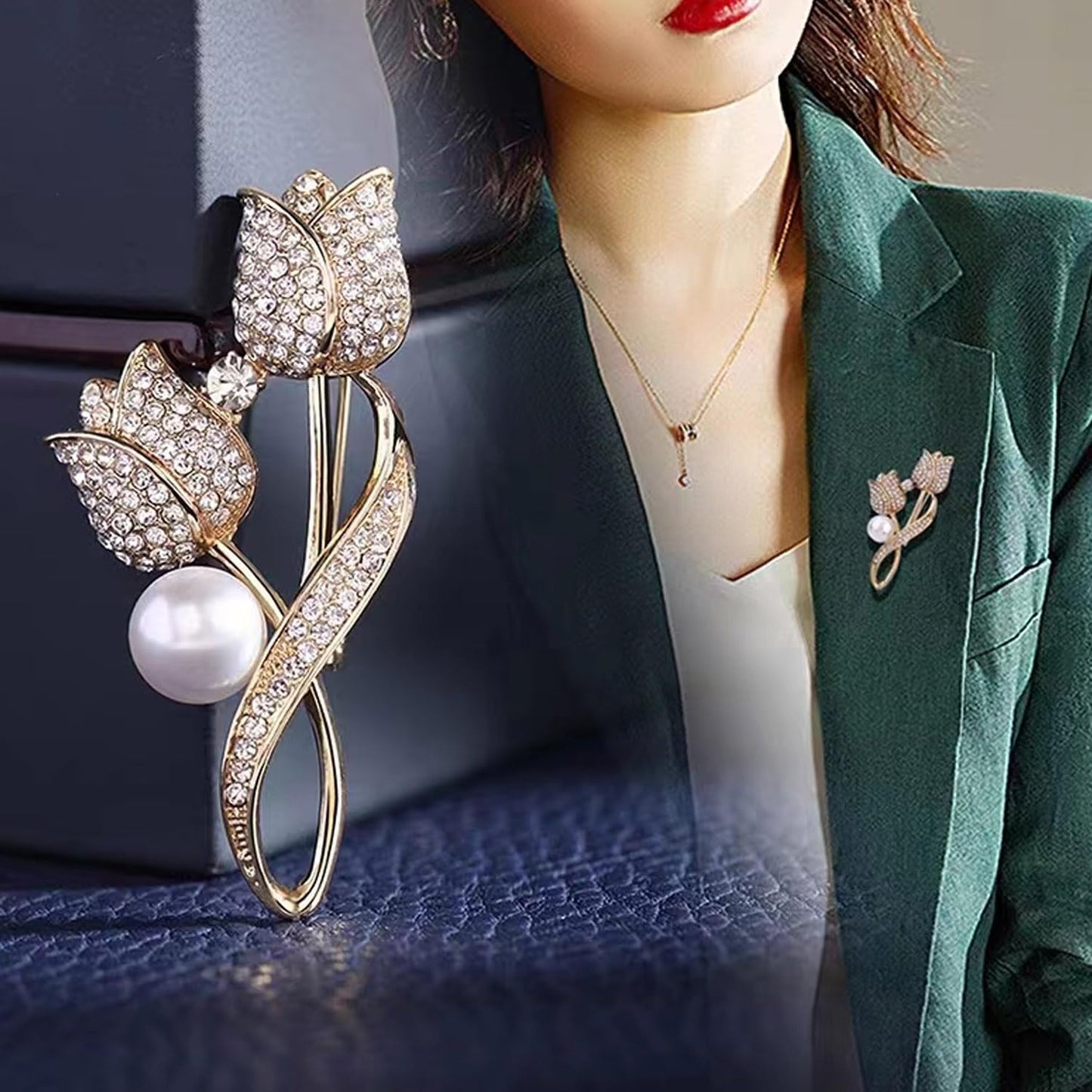 Tulip Flower Crystal Brooches Pins Fashion Beautiful Created Rhinestone Pearl Floral Brooch Good Idea for Party Dance Wedding Banquet for Elegant Women Girl (Gold Tulip)