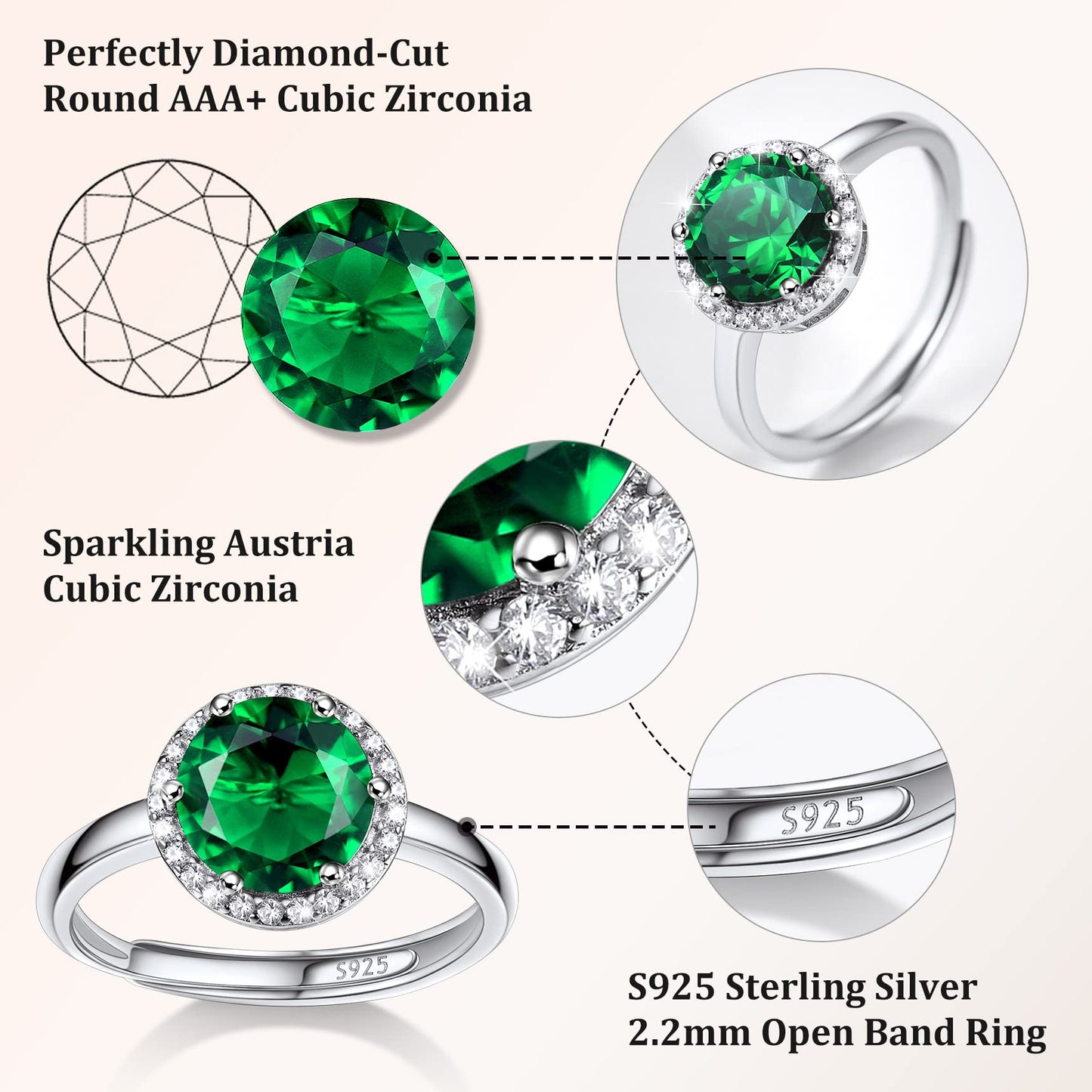 Bestyle Round May Emerald Birthstone Rings Embellished with White Cubic Zirconia Minimalist Sterling Silver Open Band Gemstone Rings for Birthday/Christmas/Party/Anniversary/Wedding