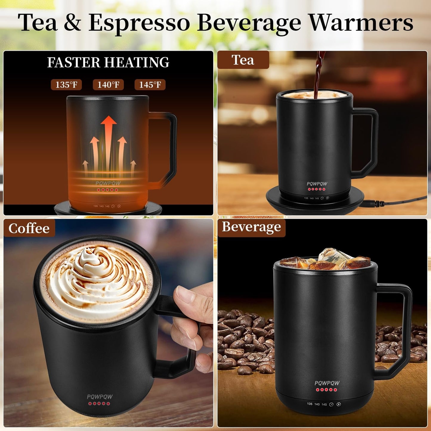 Smart Temperature Control Coffee Cug Heated Coffee Mug rechargeableAuto Sleep/3-Level Temperature Setting Self-Heating Coffee Mug (Black - 12 oz.)