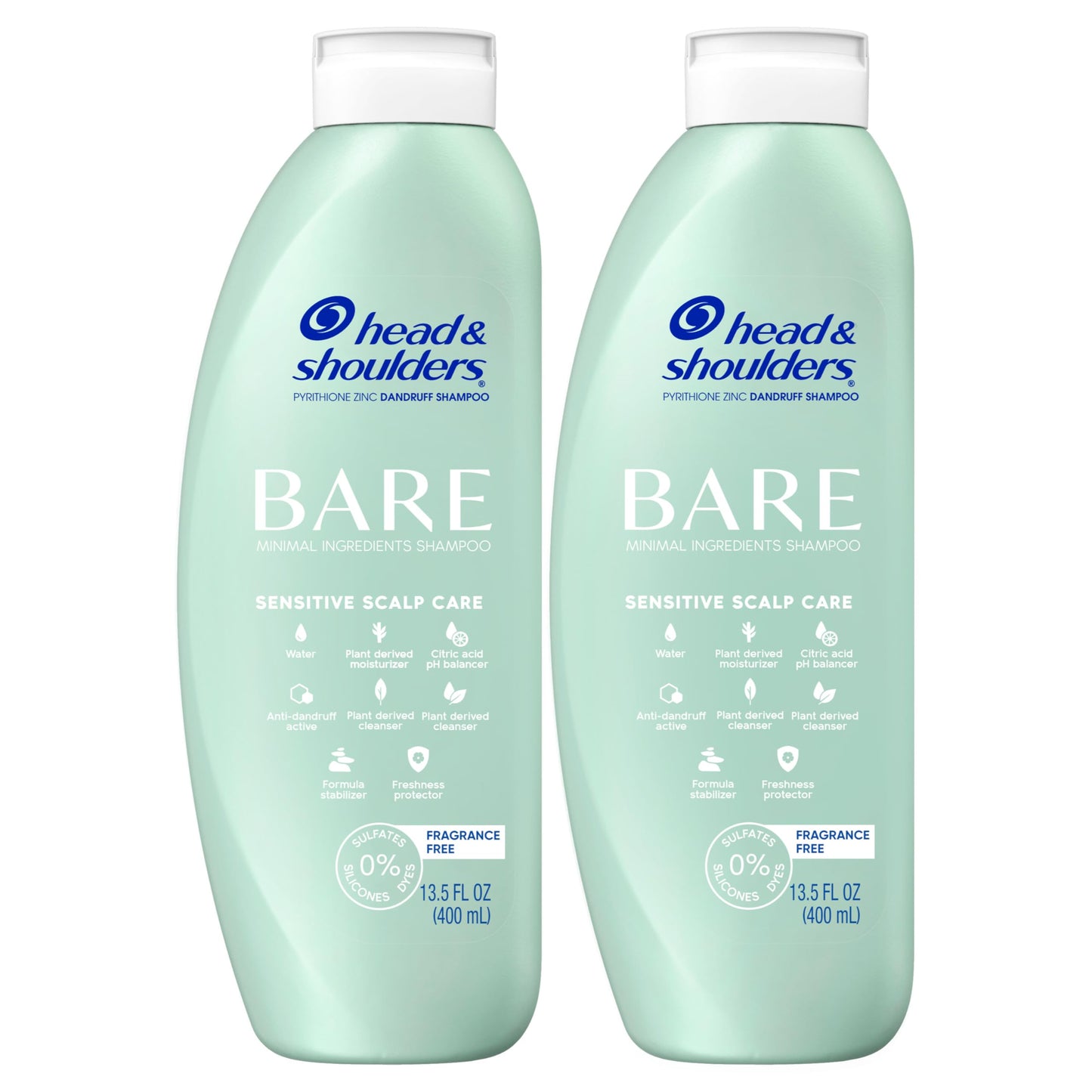 Head & Shoulders Anti-Dandruff Shampoo, BARE Sensitive Scalp Care Twin Pack, with 1% Pyrithione Zinc, Fragrance-Free, Free of Sulfates, Silicones, Gentle, 13.5 fl oz Each