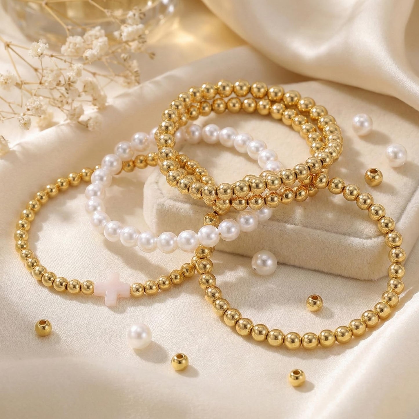 Gold Beaded Cross Bracelet Stack for Women Non Tarnish,Dainty Stretch Pearl Gold Plated Stackable Bracelets Set Fashion Prom Party Accessories Jewelry Gift Friendship