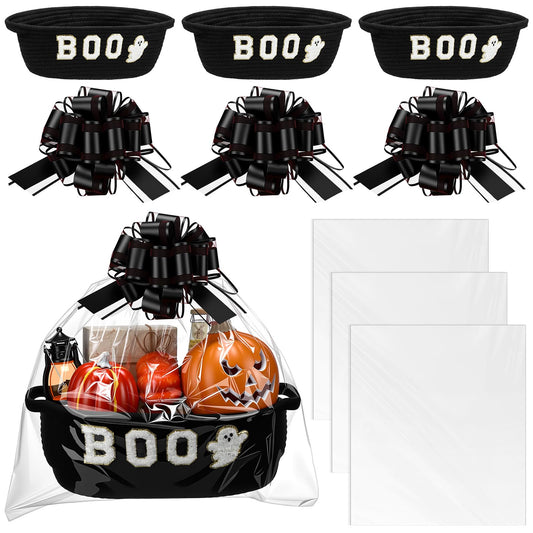 Acellegic 3 Sets Halloween Boo Basket for Gifts with Bows Ribbons Cute Boo Ghost Woven Candy Baskets Trick or Treat Bucket for Halloween Holiday Birthday Treat Wrapping Party Supplies (Black)