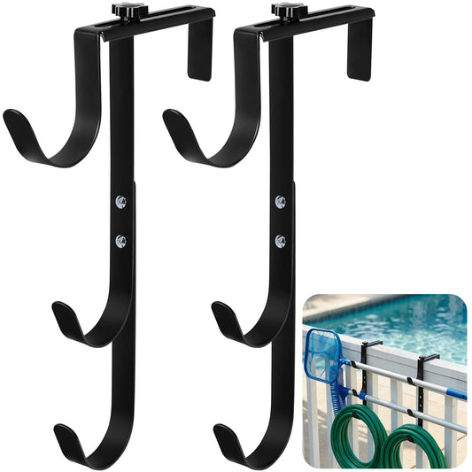 2 Pcs Black Pool Fence Hooks for Pool Equipment, Adjustable Pool Pole Hanger Holder, Rustproof Swimming Pools Skimmer Pole Hooks for Hanging Tool, Hose, Leaf Rakes, Nets Pool-Accessories (Black)