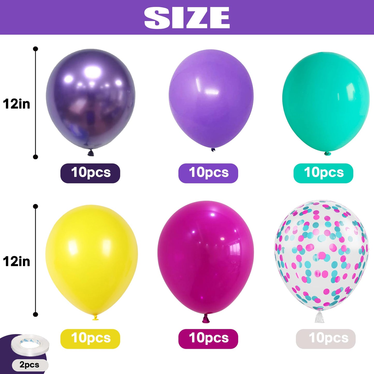 Pink Blue Purple Balloon, 60 Pcs 12 Inches Hot Pink Metallic Purple Teal Yellow Balloons Confetti Balloons for Kids Magic Theme Birthday Decoration Baby Shower Girls Music Party Supplies