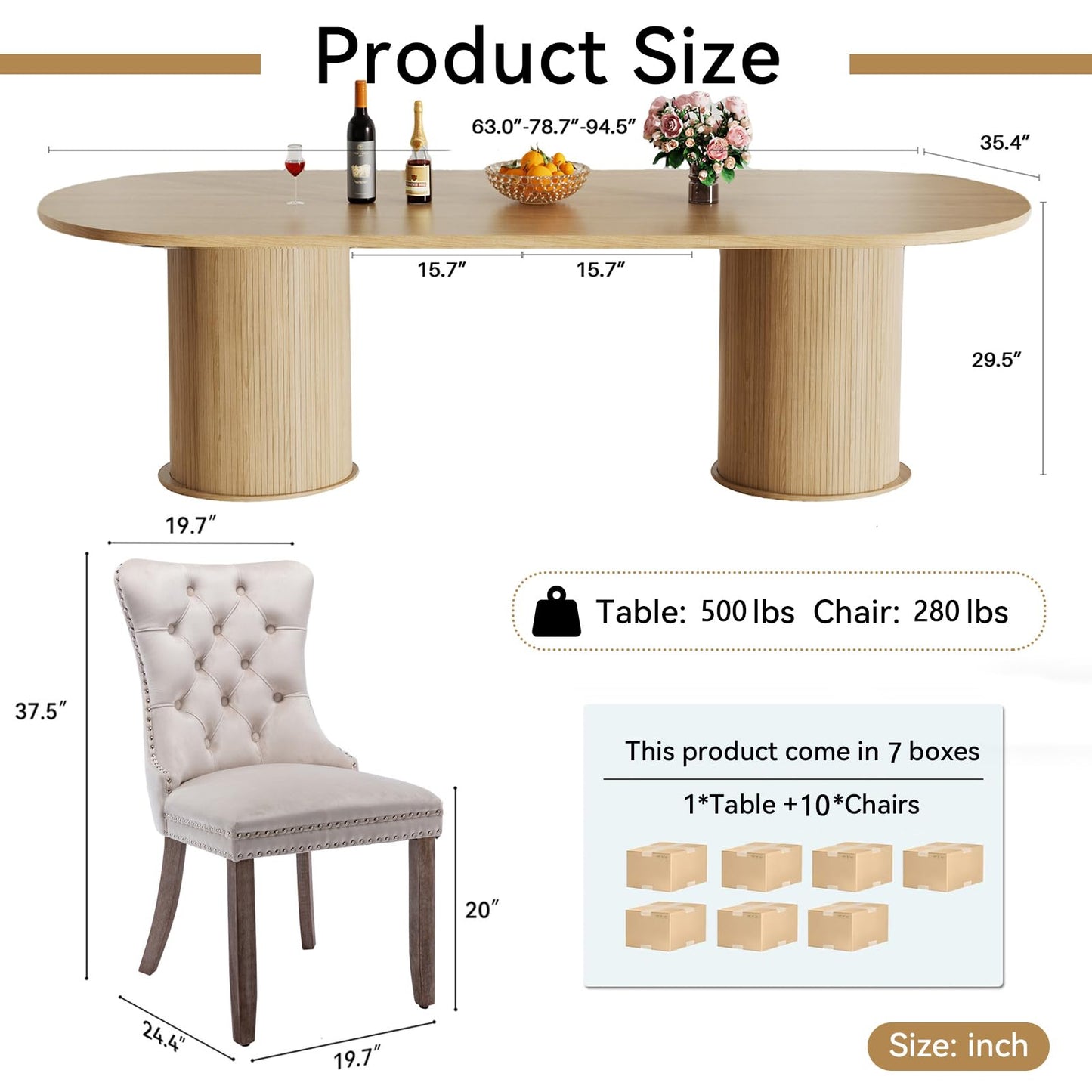 MELAABUU Modern 11-Piece Extendable Dining Table Set for 10, Oval Expandable Kitchen Table Set with 10 Velvet Chairs,63"-94" Large Dining Room Tables with Brown Wood Top & Fluted Cabinet Base
