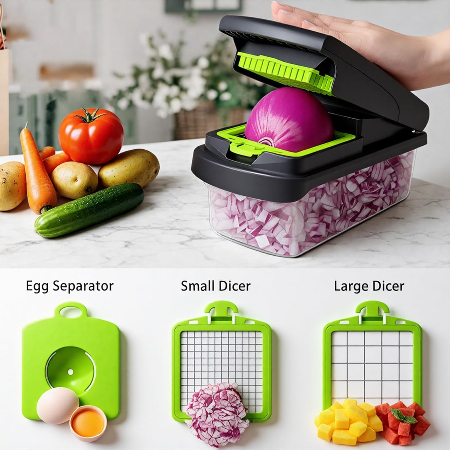 16-in-1 Vegetable Chopper with Container & Side-Opening Salad Jar – Perfect for Vegetable Salads at Lunch and Dinner.Chopper Set Functions as an Onion Chopper, Potato & Carrot Grater, and More.