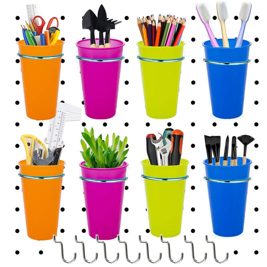 8 Sets Pegboard Bins with Rings, Ring Style Pegboard Accessories with 8Pegboard Cups 8Pegboard Hooks,Pegboard Organizer Baskets Pegboard Hooks Kit for Organizing Storage