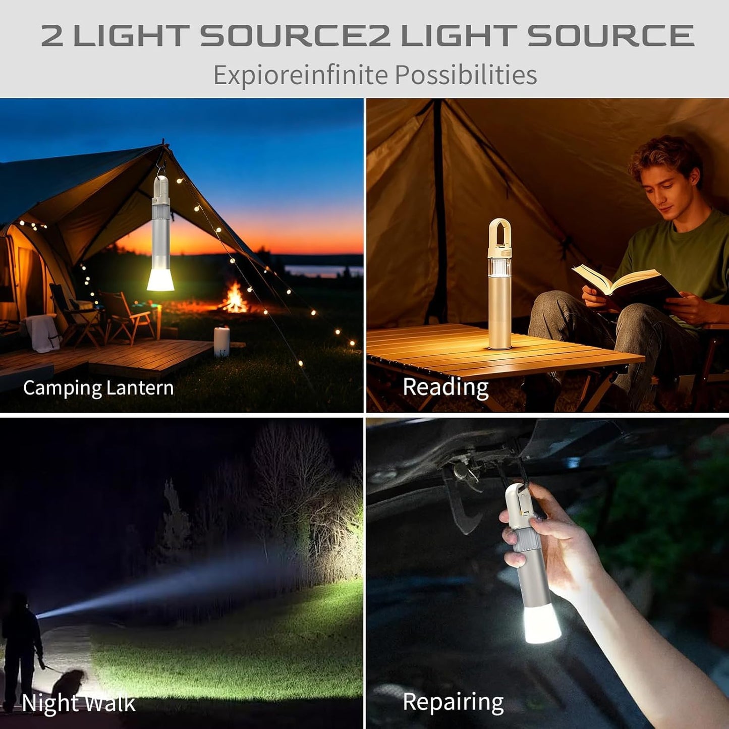 Rechargeable Flashlight Camping Lantern,Dual Light Source 800LM Brightness 2000mAh rechargeable Flashlights, Adjustable Tent light with Softlight Cover for Camping, Home Use, Car, Hiking Adventures