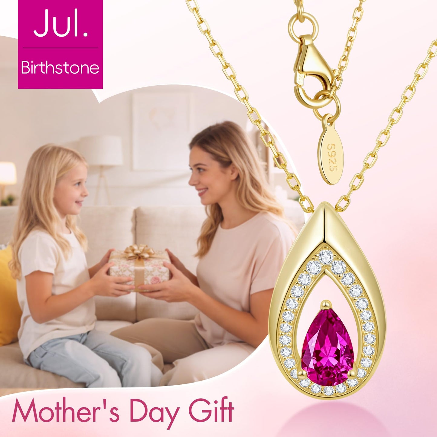 Kstyle 14k Gold Ruby July Birthstone Pendant Necklaces for Women Valentine's Day Birthday Gift Anniversary Jewelry for Wife Daughter Grandma Mom Sister Non Tarnish
