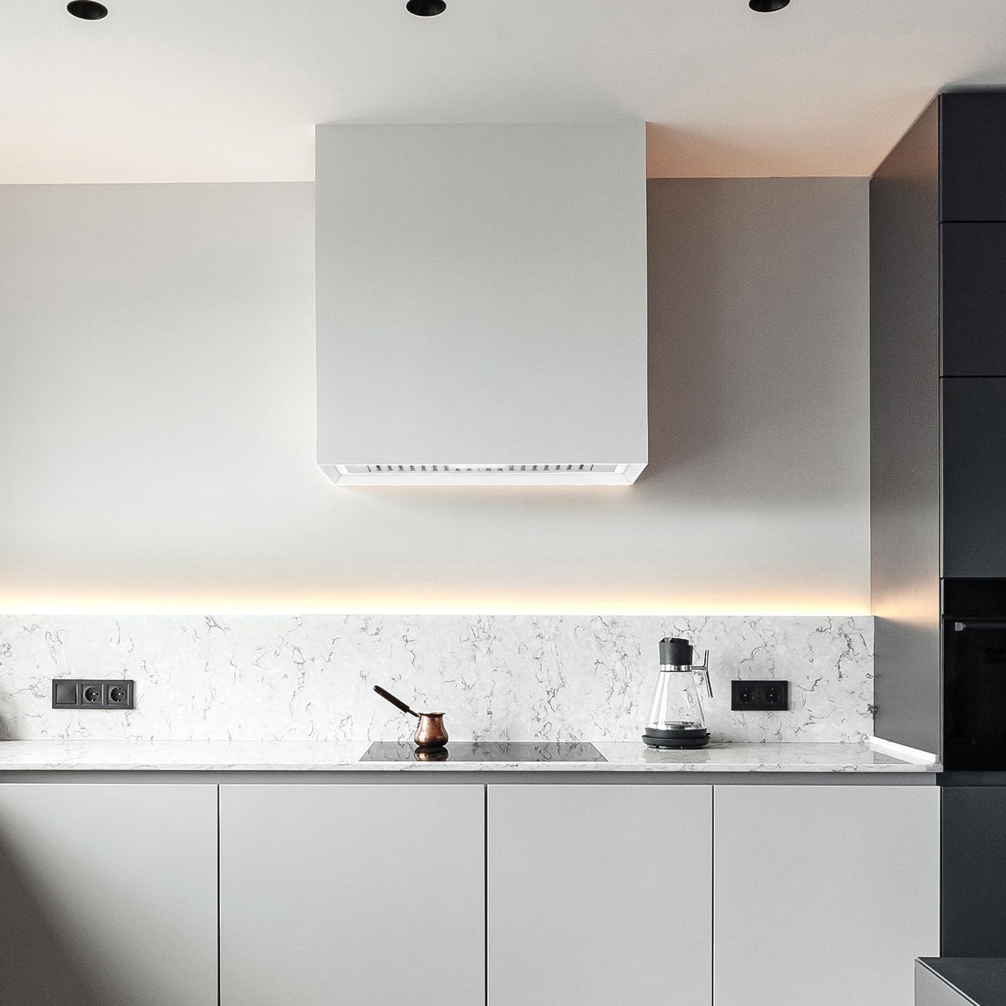Akicon Stainless Steel Range Hood, Modern Box Kitchen Hood with Powerful Vent Motor, Wall Mount, 30”W*30”H*14D, Signal White (AK-HS30H-SW)