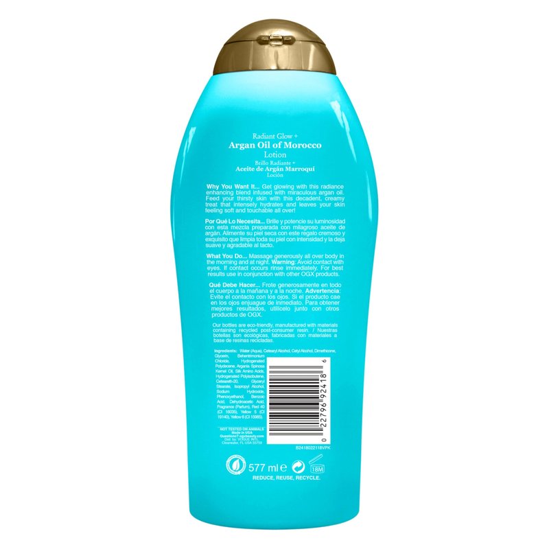 OGX Radiant Glow + Argan Oil of Morocco Extra Hydrating Body Lotion for Dry Skin, Nourishing Creamy Body & Hand Cream for Silky Soft Skin, Paraben-Free, Sulfated-Surfactants Free, 19.5 Ounce