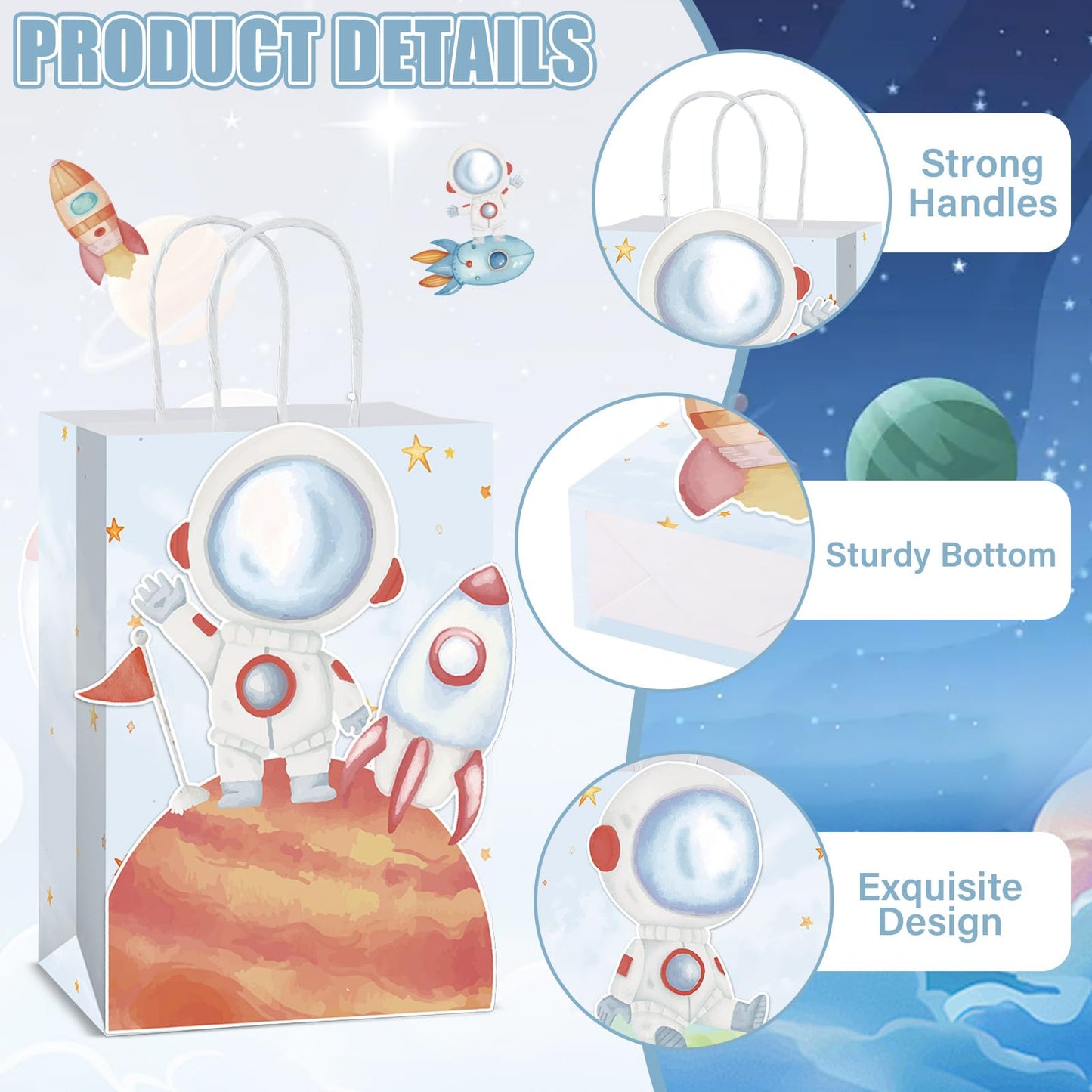 Naozinebi 12 Pcs Outer Space Party Favors Bags with Handles Astronaut Galaxy Theme Party Supplies Solar System Goodie Gift Rocket Paper Bag for Kids Birthday in 6 styles Gift Bags for Baby Shower