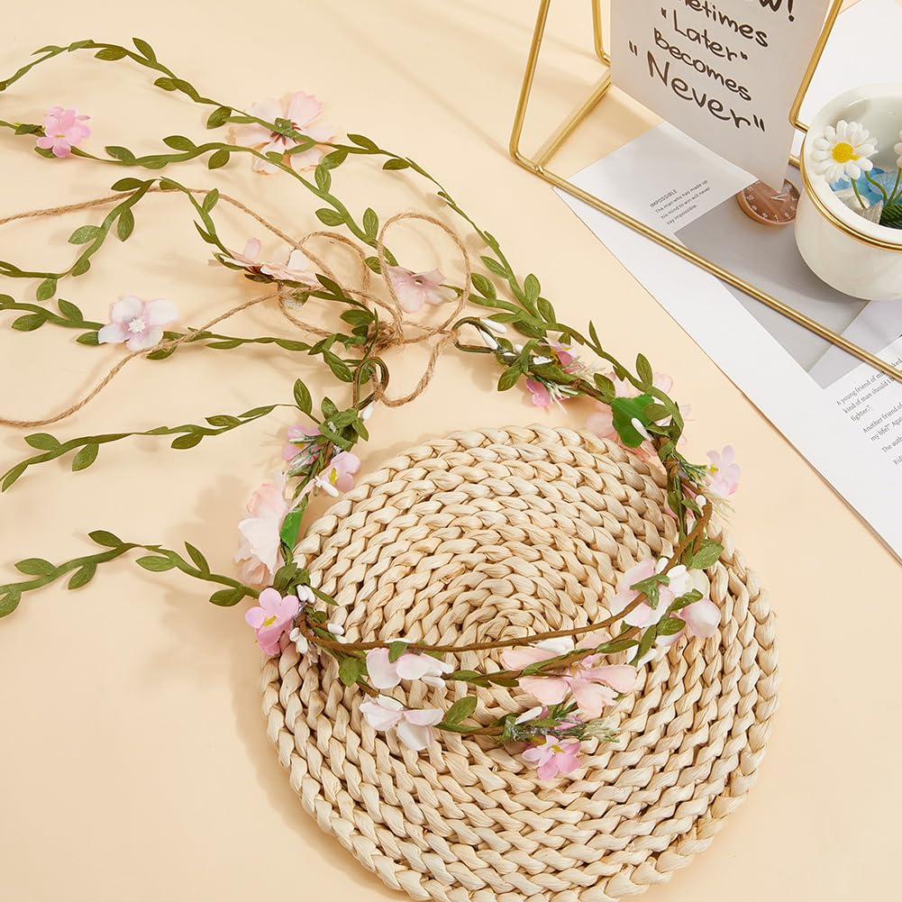 CABODYALS Pearl Pink Flower Crown Headband Boho Floral Wreath With Leaves Vine Ribbon Fairy Hairband Garland Wrapped Crafting Hair Hoop for Women Party Wedding Accessories Vacation Festival Decor