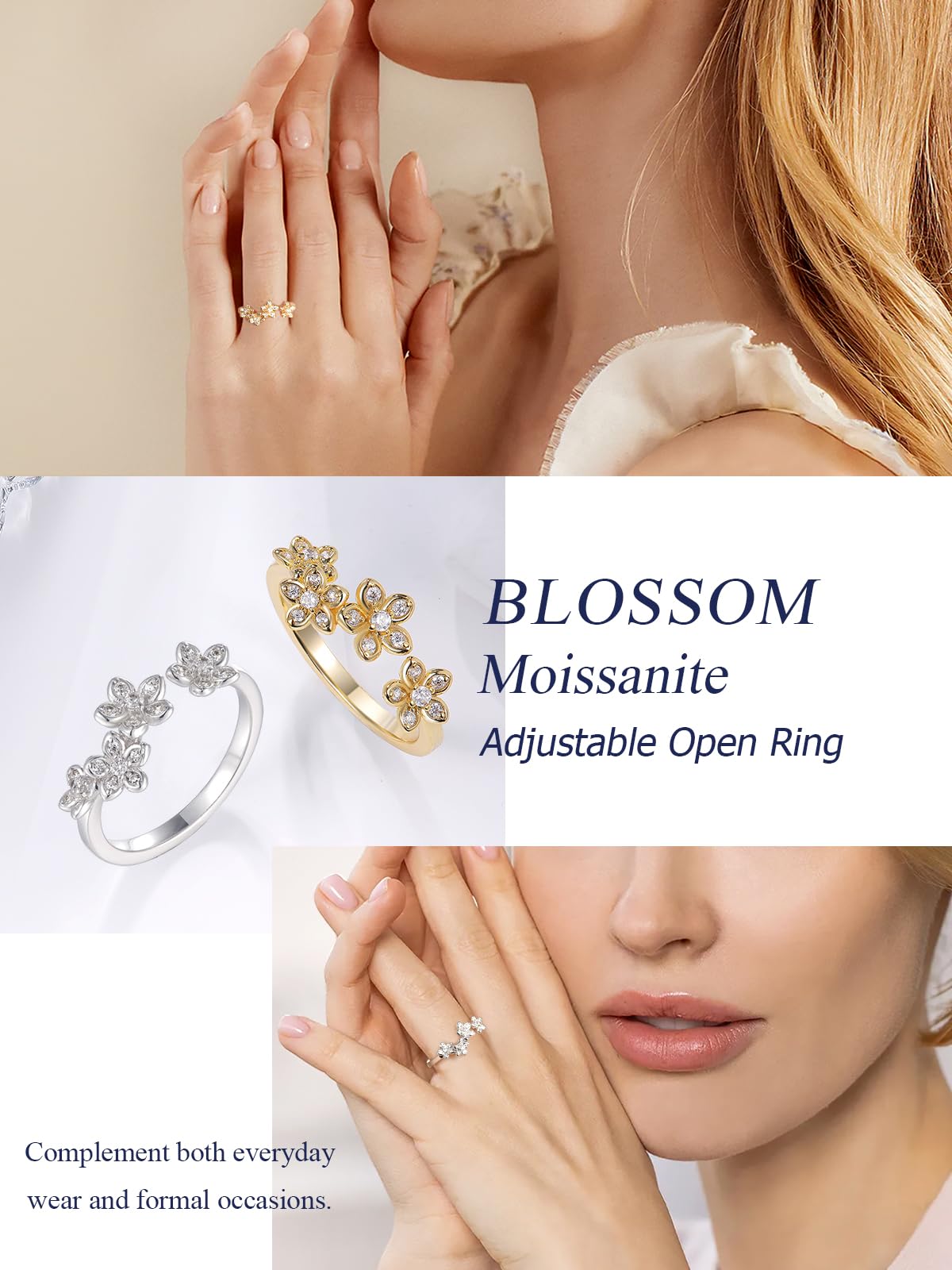 CYW Sterling Silver Moissanite Gold Stacking Ring Adjustable Cherry Flower Floral Blossom Womens Open Rings Size 9