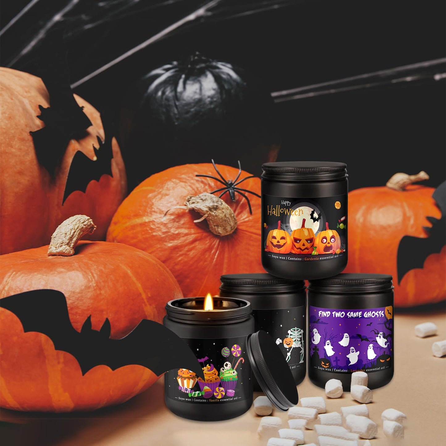 Grcdoyvl Halloween Scented Candles Set of 4 (7oz Each) – Spooky Aromatherapy Soy Wax Candles with Bat & Ghost Designs, Smokeless for All Saints' Day, Home Decor & Festive Gifts