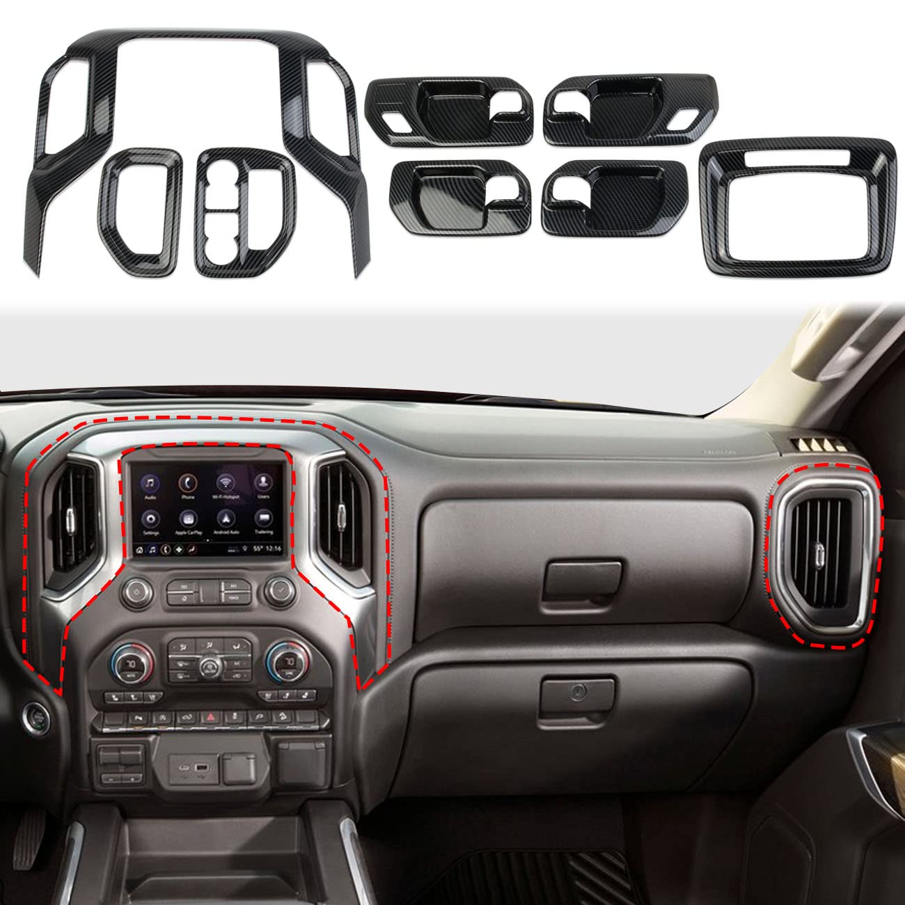 Fewshaw Carbon Fiber Center Console Dashboard Kit Trim for 2019-2026 Chevy Silverado/GMC Sierra 1500 2500 3500 (8-piece Set)