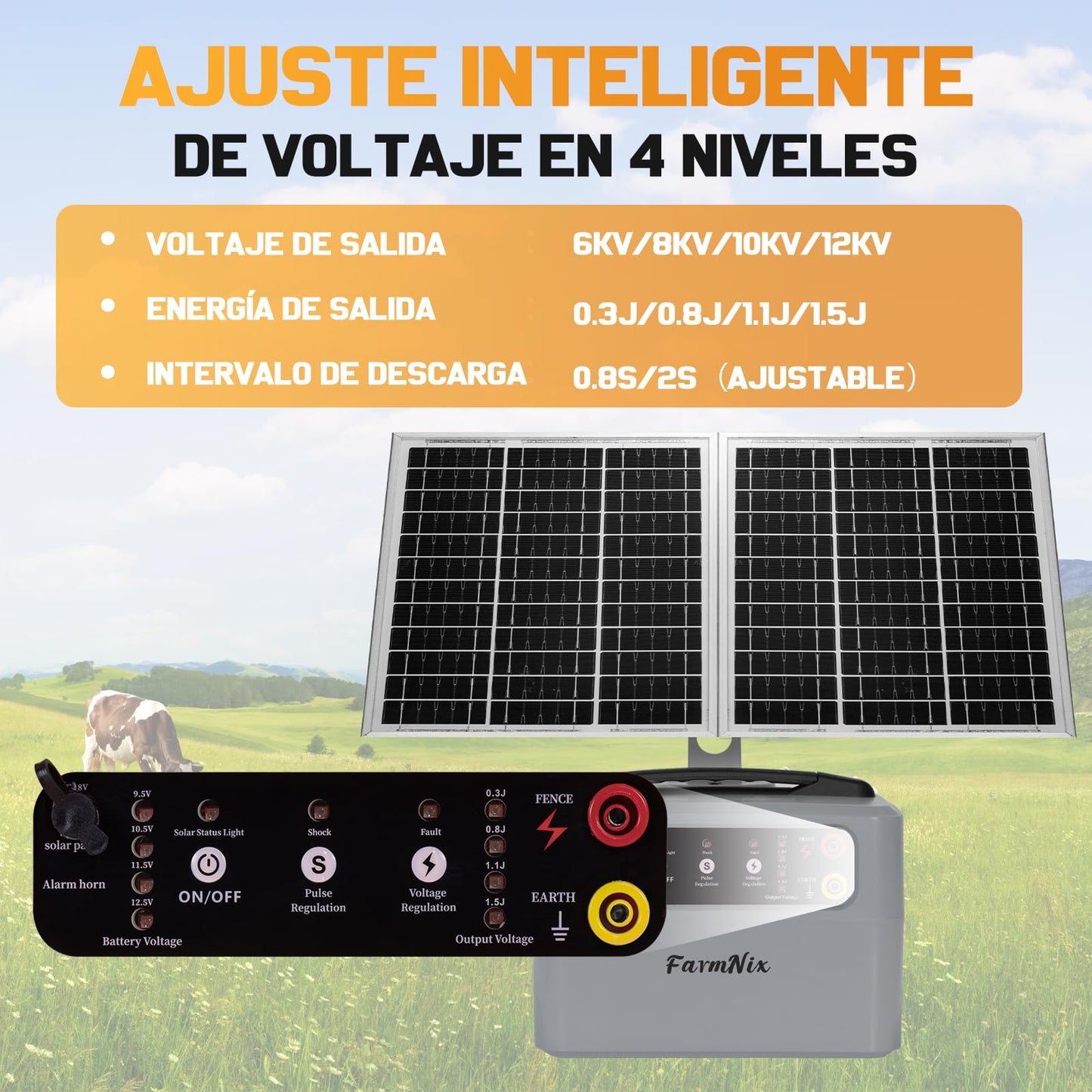 30 Miles/48km Solar Electric Fence Charger,15W Solar Powered Fencer with Adjustable 6KV to 12KV Output (0.3J-1.5J),Battery Level LCD Display,All-Weather Kit for Livestock,Deer,Farm,Yard