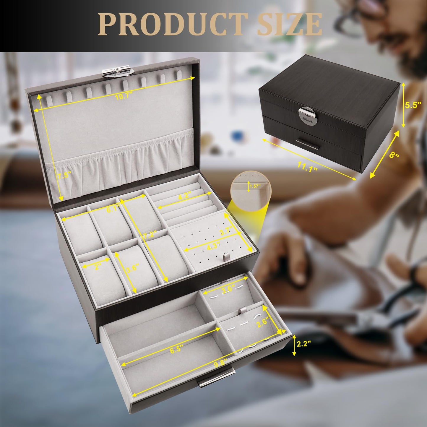 BareTulip Jewelry Box for Men 2-Layer Valet Organizer with 2 Drawers Watch Ring Necklace Cufflink Storage Case Glass Lid Premium PU Leather Mens Accessories Box Gift for Husband Boyfriend Dad Black