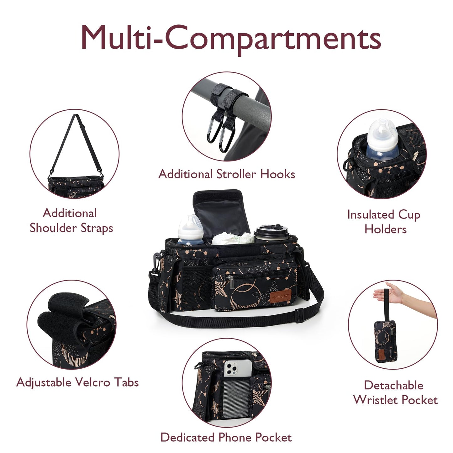 Momcozy Universal Baby Stroller Organizer, 2 Insulated Cup Holder, Detachable Zippered Pocket, Adjustable Shoulder Strap, Large capacity for baby essentials, Compact Design Fits Any Strollers