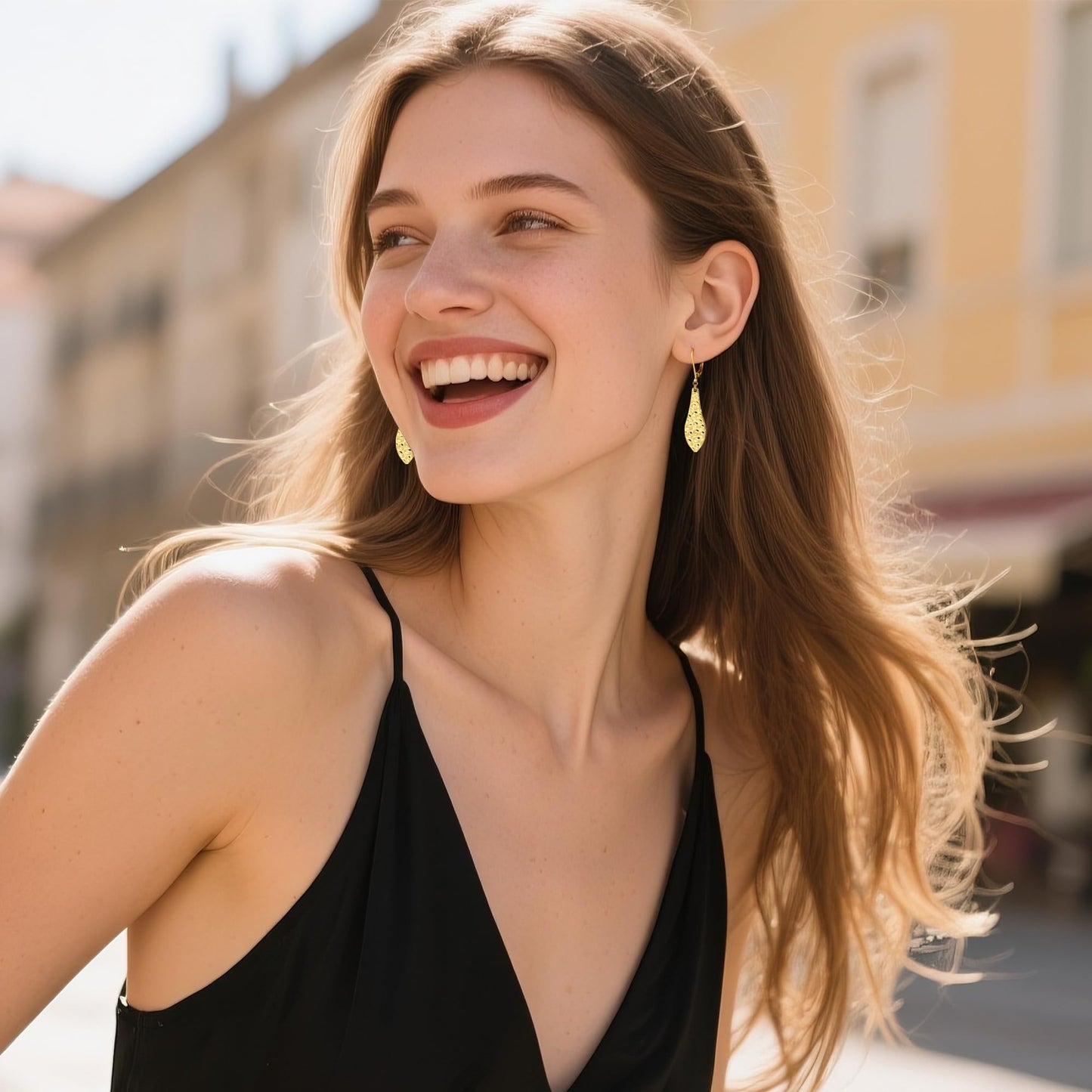 Gold Teardrop Dangle Earrings for Women Trendy Lightweight Hypoallergenic 925 Sterling Silver 14K Goldplated Hammered Dangling Drop Earring Gold Long Teardrop Leverback Earrings for Women Jewelry