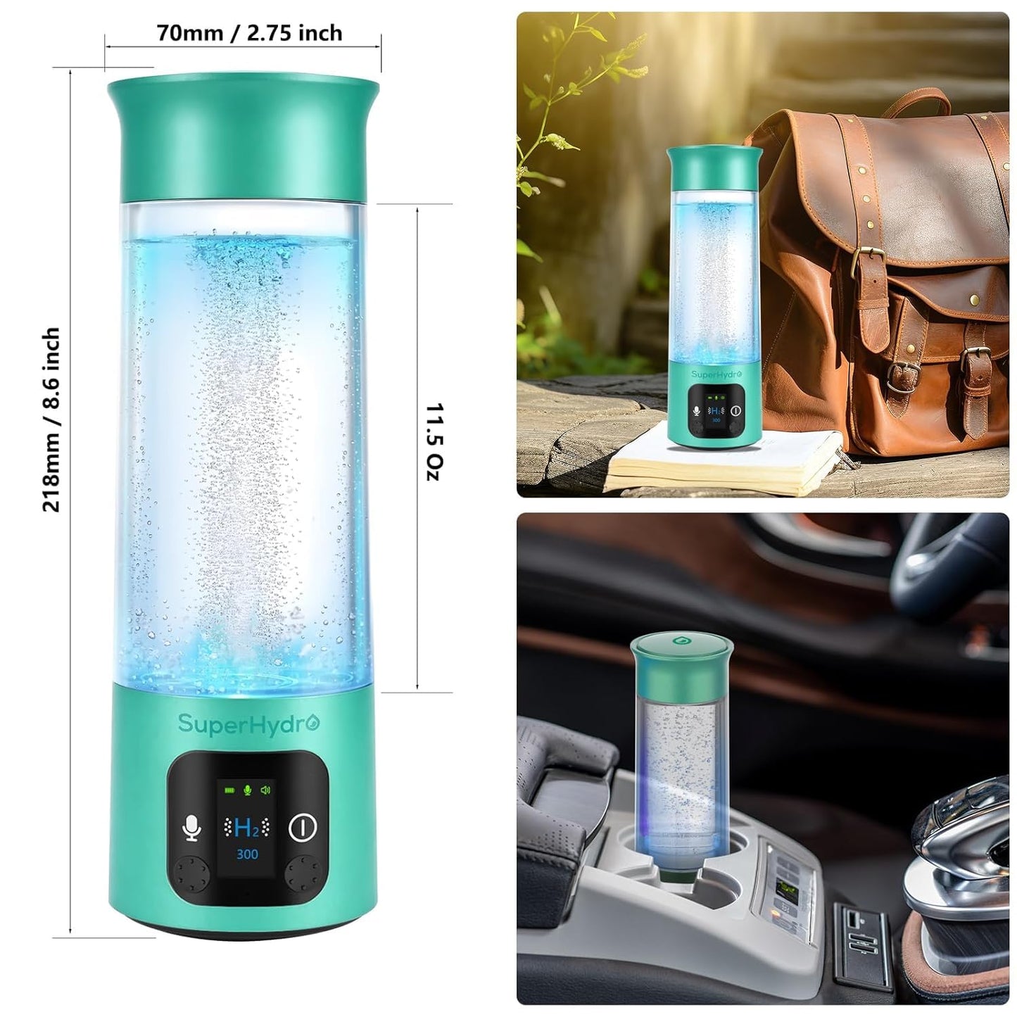 Hydrogen Water Bottle Generator - Up to 6+ PPM Concentration - SPE/PEM Technology - Water Ionizer Machine Suitable for Travel, Daily and Office Drinking - 12oz (Green)