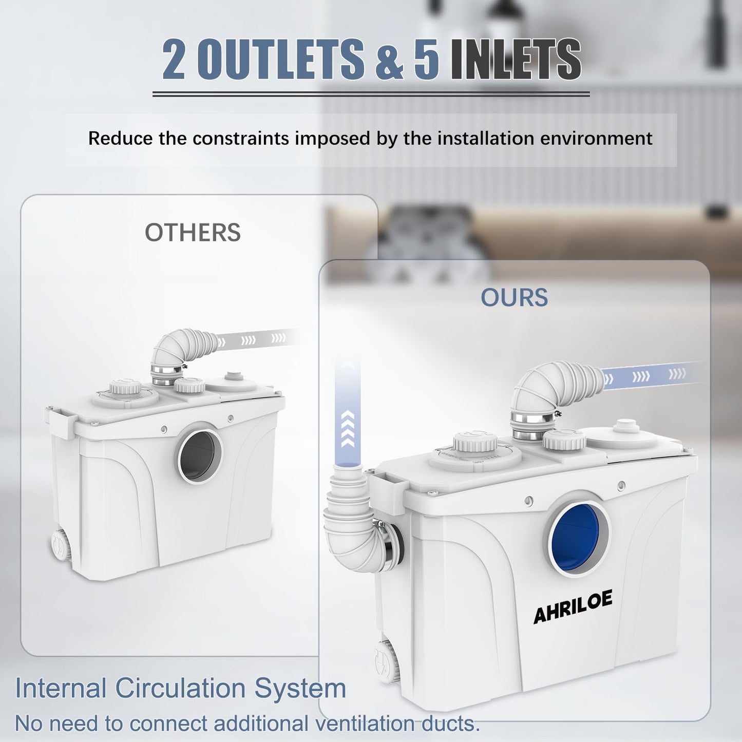 900W Macerator Pump, Macerating Toilet System with 2 Outlets/5 Inlets, Sewage Pump for Basement, Sink, Toilet, Laundry, Kitchen