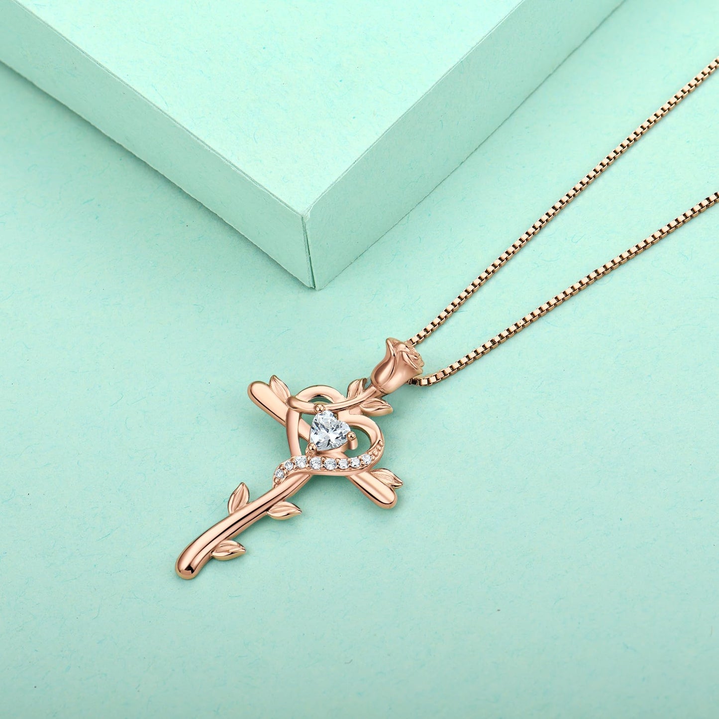 STARCHENIE Rose Cross Necklace, 925 Sterling Silver 14K Rose Gold Plated, Cubic Zirconia Heart Pendant, Crucifix Jewelry Gift for Women