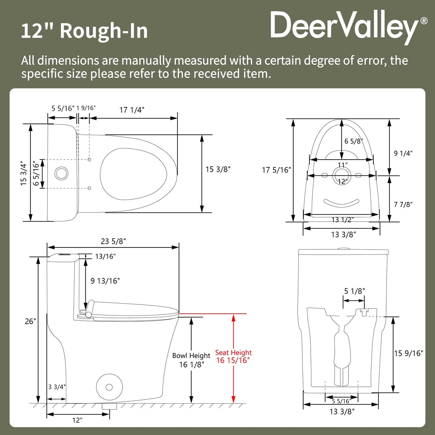 DeerValley Compact One-Piece Toilet 1.28 GPF Single Flush Fully Skirted Bowl with Soft-Close Seat White Space-Saving Elongated Toilets for Small Bathrooms