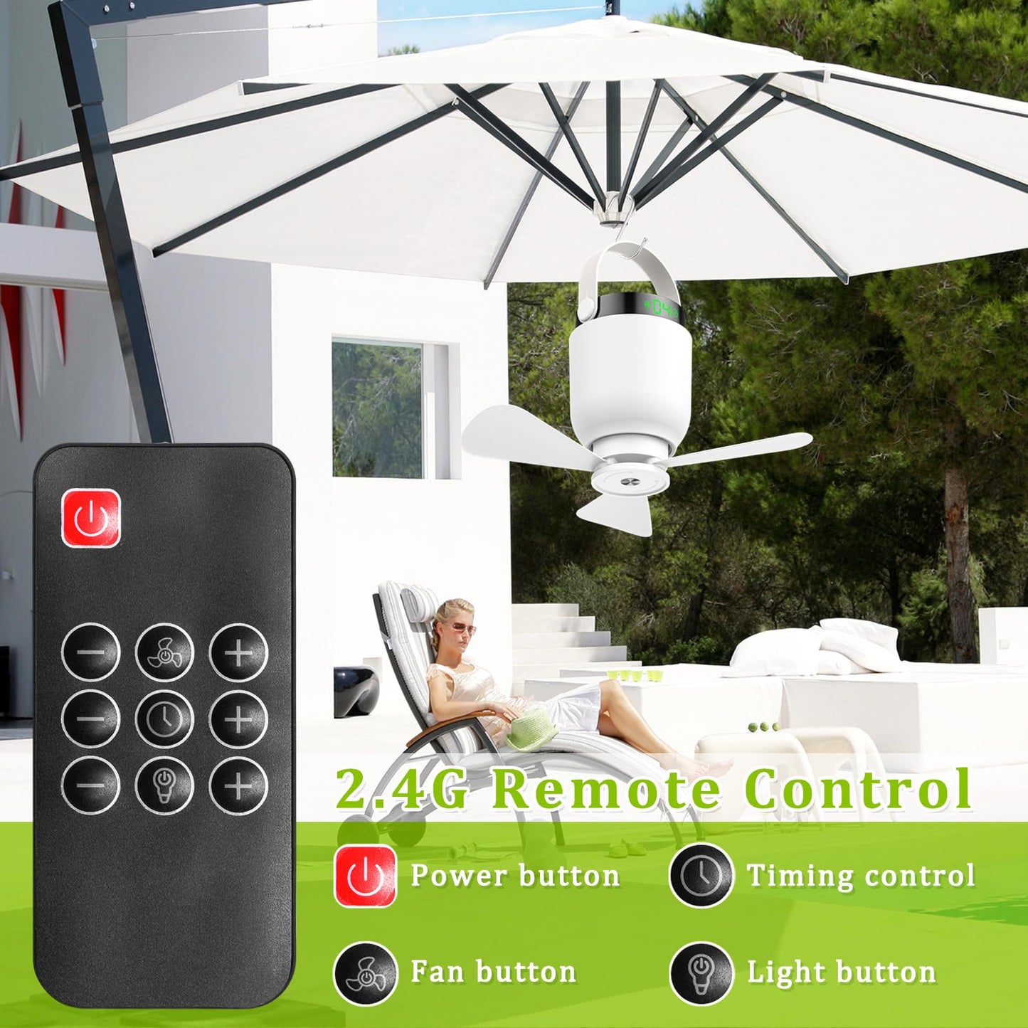 Rechargeable Camping Fan with LED Lantern, 2 in 1 Portable Small Ceiling Fan with Light for Outdoor Tent Gazebo Patio RV, USB C Battery Powered White Fan with Remote, Detachable 3 Blade Hanging Fan