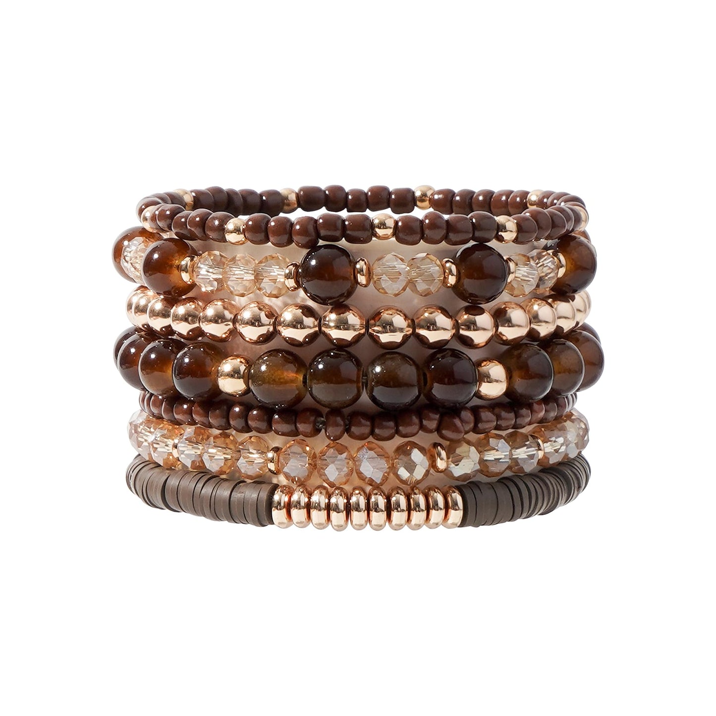 GOOJIDS Brown Surfer Heishi Clay Bead Bracelets for Women Bohemian Stackable Gold Plated Beaded Stretch Bracelets Elastic Layering Friendship Bracelets Set Boho Jewelry