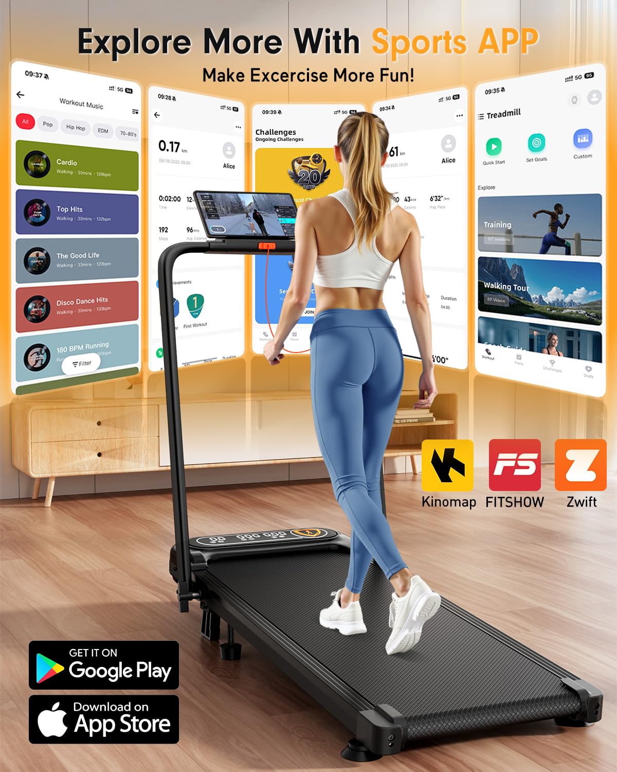 Foldable Treadmill with 10% Incline, Upgrade 3.5HP Low Noise Walking Pad Treadmill with Handle Bar, Trisomy 4 in 1 Portable Under Desk Treadmills for Home/Office, 350Lbs Capacity, APP & Remote Control