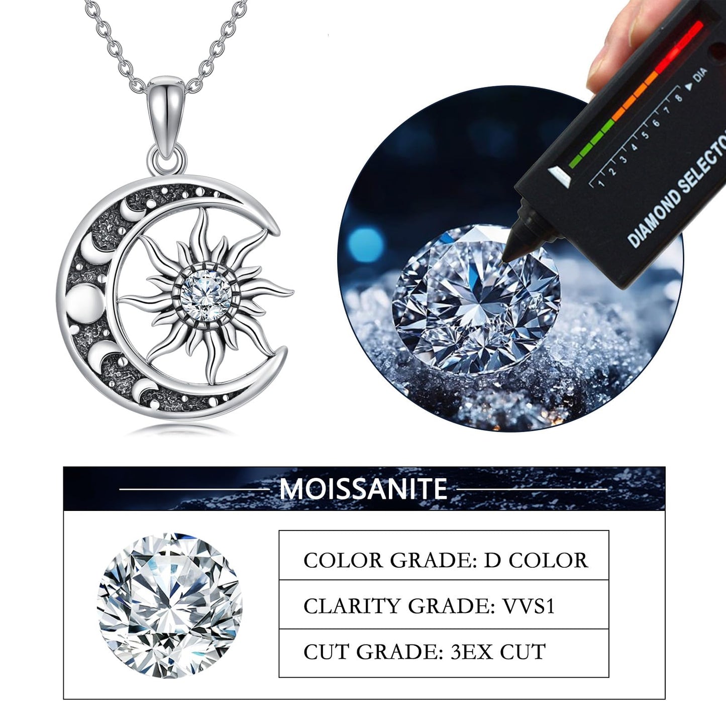 SOACAE Moissanite Sun and Moon Necklace 925 Sterling Silver 0.3ct Lab Created Moissanite Sun Pendant Moon Jewelry Gifts for Women