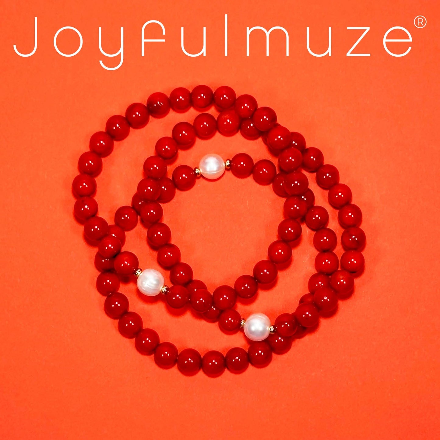 Joyfulmuze Natural Red Orange Coral and White Freshwater Pearl, Stretch Stacking Bracelets, Costal Summer Jewelry, Handmade Gift for Women and Men, Fit 6.5-7 inch Wrist (Coral-Pearl)