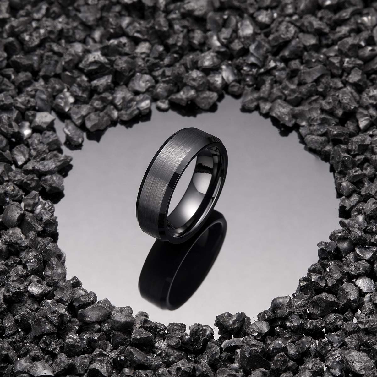 King Will 7mm Men's Black Wedding Ring - Brushed Matte Surface, Beveled Polished Edge, Comfort Fit Size 12