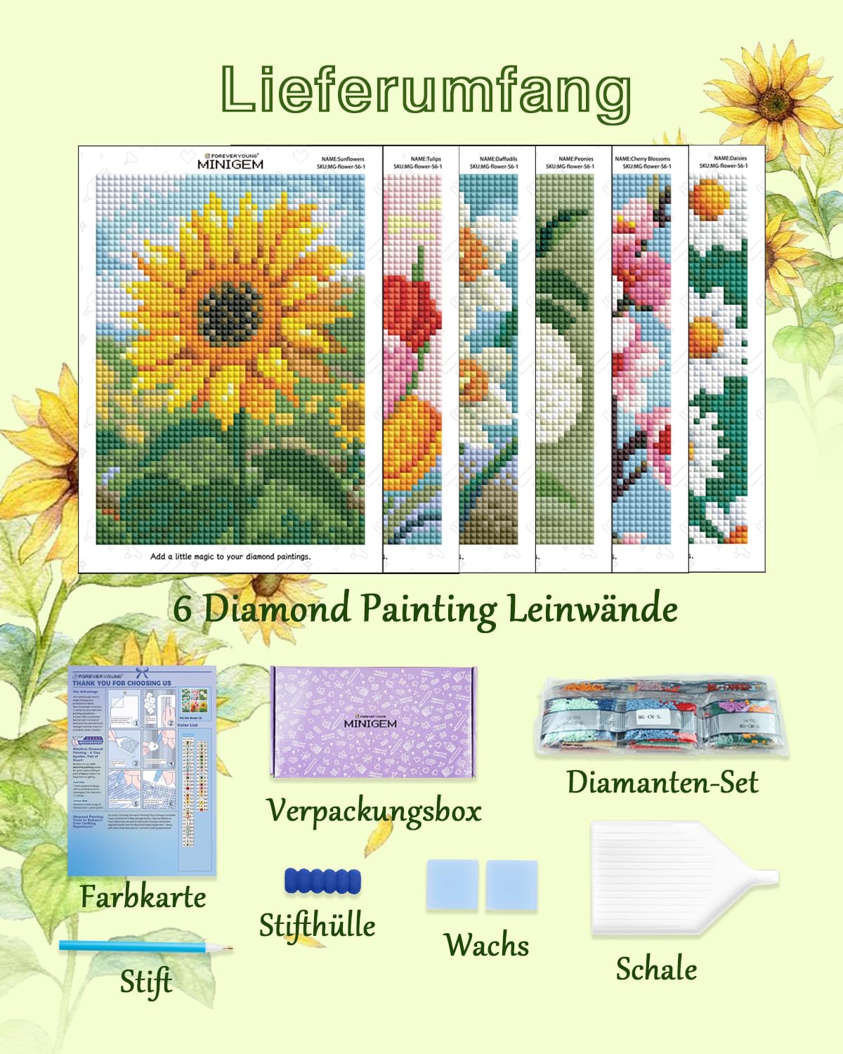 forever young Minigem Diamond Art Flowers Kits for Beginners, 6 Pcs Flower Resin Square Drill Diamond Painting Kits for Adults, 2-Hour Canvas Flower Small Diamond Art Kits for Adults (5x7 Inch)